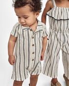 Baby Boy Striped Short-Sleeve Romper - Black/Ivory, image 2 of 5 slides