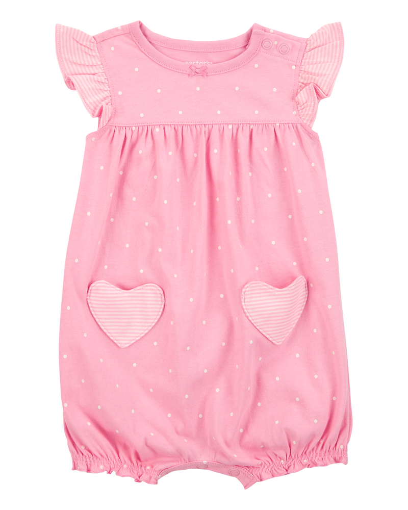 Baby Heart Short-Sleeve Cotton Romper - Pink, image 1 of 3 slides