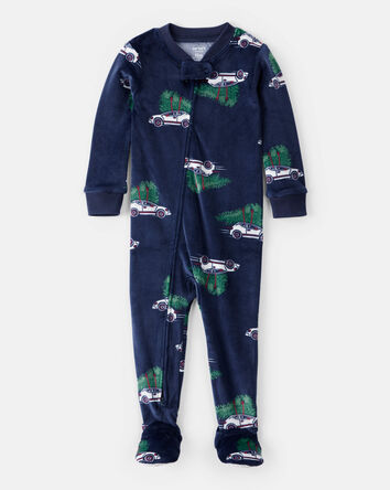 Toddler Car Print Velour Long-Sleeve Loose Fit 1-Piece pyjamas - Navy, 