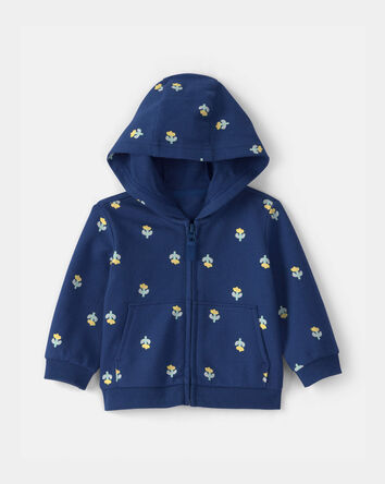 B&eacute;b&eacute; fille - Chandail &agrave; capuchon en jersey bouclette avec fermeture &agrave; glissi&egrave;re, fleurs &ndash; Bleu, 