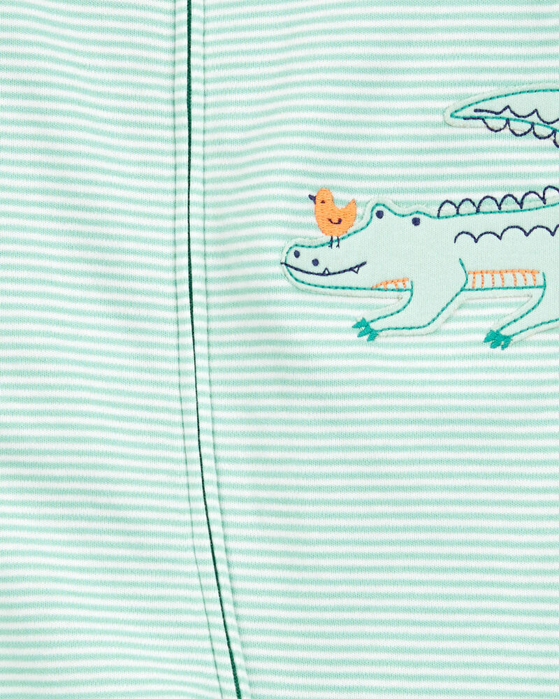 Bébé garçon - Grenouillère à fermeture à glissière à 2 sens en coton rayé à alligator - Vert, image 2 sur 3 diapositives