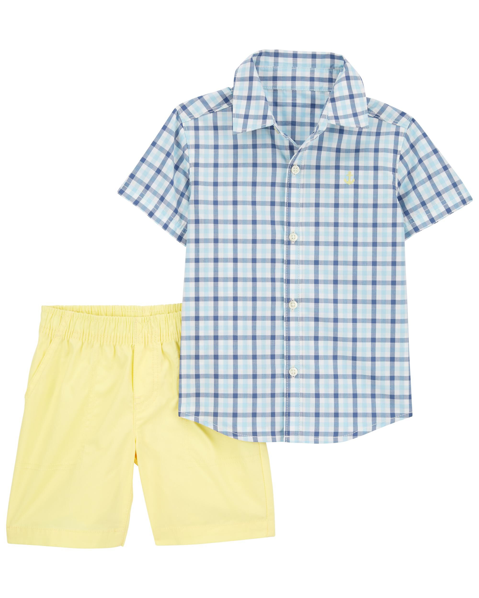 Blue Yellow 2 Piece Plaid Button Down Shirt Short Set Carter s