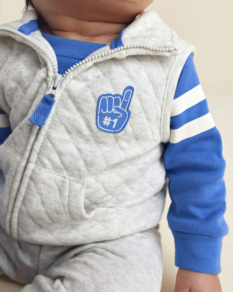 Baby Boy 3-Piece Varsity Quilted Layering Set - Grey/Blue, image 3 of 8 slides