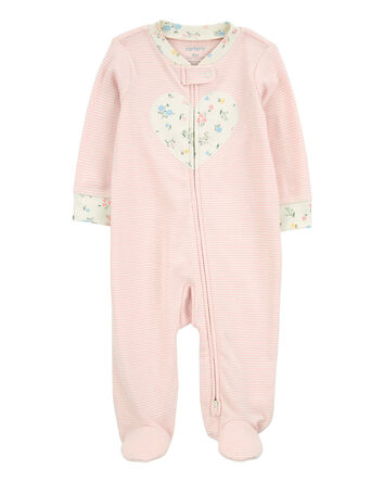 Baby Heart Striped 2-Way Zip Cotton Sleeper Pyjamas - Pink, 