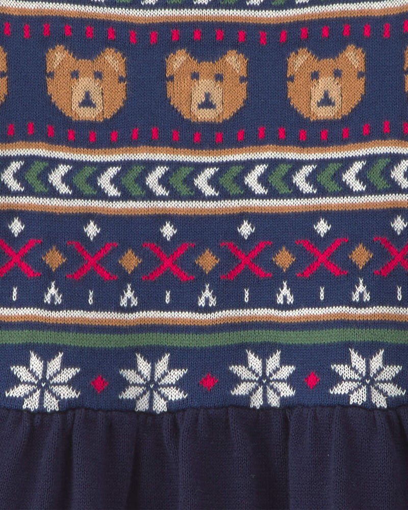 Toddler Girl Bear Fair Isle Long-Sleeve Dress - Navy Blue, image 3 of 4 slides