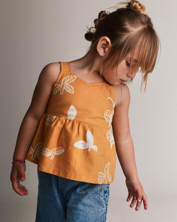 Toddler Girl Peplum Tank Top in Plant Print - Mustard Yellow, 