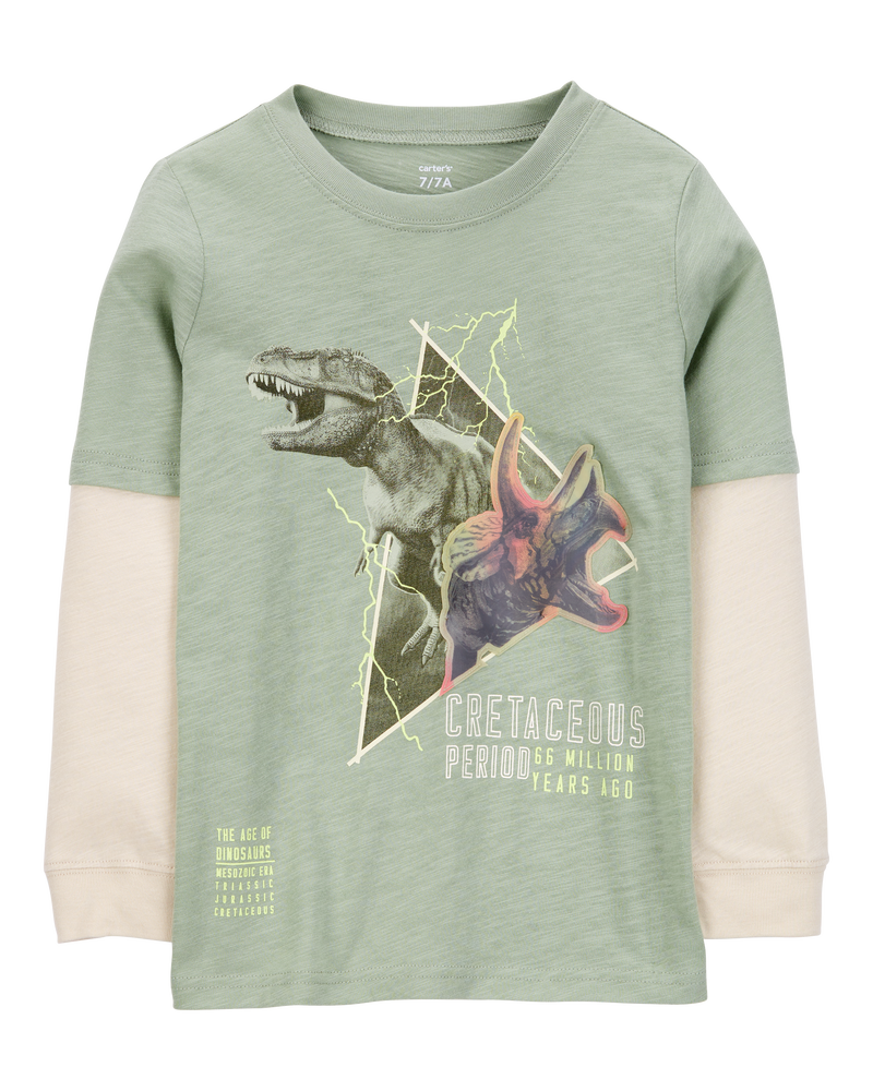 Kid Dinosaur Cotton Blend Long-Sleeve Tee - Green, image 1 of 5 slides