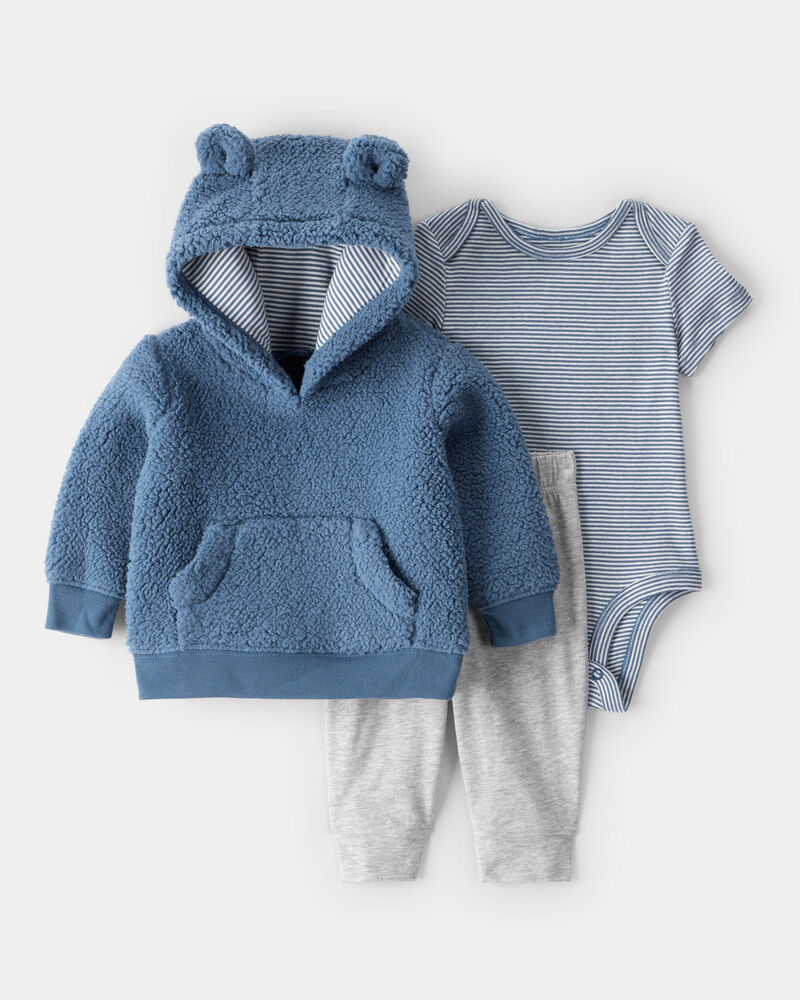 Baby Boy 3-Piece Bear Sherpa Long-Sleeve Bodysuit & Pant Set - Blue, image 1 of 5 slides