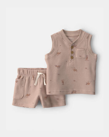 B&eacute;b&eacute; gar&ccedil;on - Ensemble 2 pi&egrave;ces haut sans manches et short &agrave; imprim&eacute; animaux du safari - Brun, 