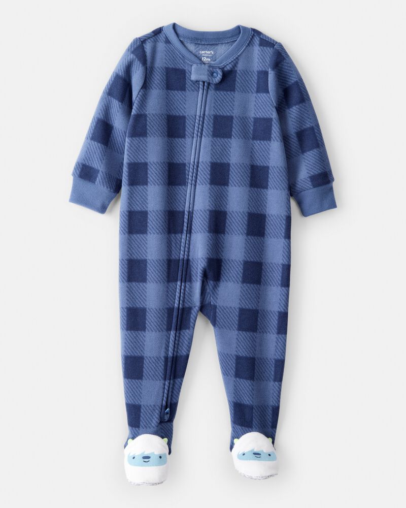 Tout-petit gar&ccedil;on - Pyjama 1 pi&egrave;ce ample en molleton &agrave; carreaux et &agrave; y&eacute;ti - Bleu, image 1 sur 3 diapositives
