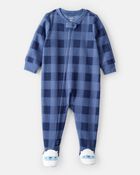 Tout-petit gar&ccedil;on - Pyjama 1 pi&egrave;ce ample en molleton &agrave; carreaux et &agrave; y&eacute;ti - Bleu, image 1 sur 3 diapositives