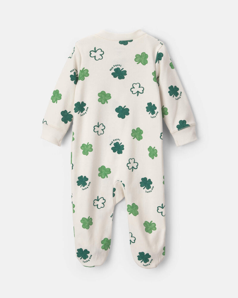 Baby 2-Way Zip St Patrick's Day Cotton Sleeper - Cream/Green, image 2 of 5 slides