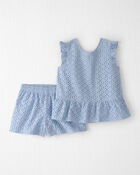 Filles - Ensemble 2 pi&egrave;ces en coton biologique, haut en tissu ajour&eacute; et short, image 1 sur 4 diapositives