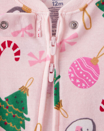 Baby Girl Christmas Ornament Print 100% Cotton Long-Sleeve 2-Way Zip 1-Piece Pyjamas - Pink, 