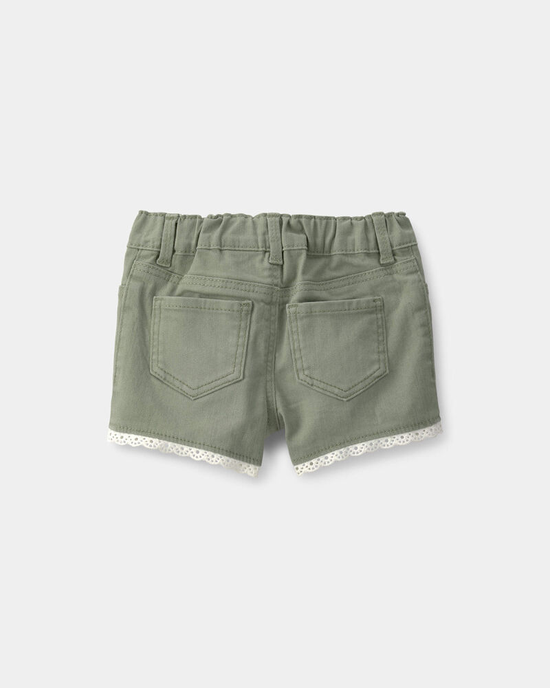 Baby Girl Eyelet Trim Twill Shorts - Olive, image 2 of 4 slides