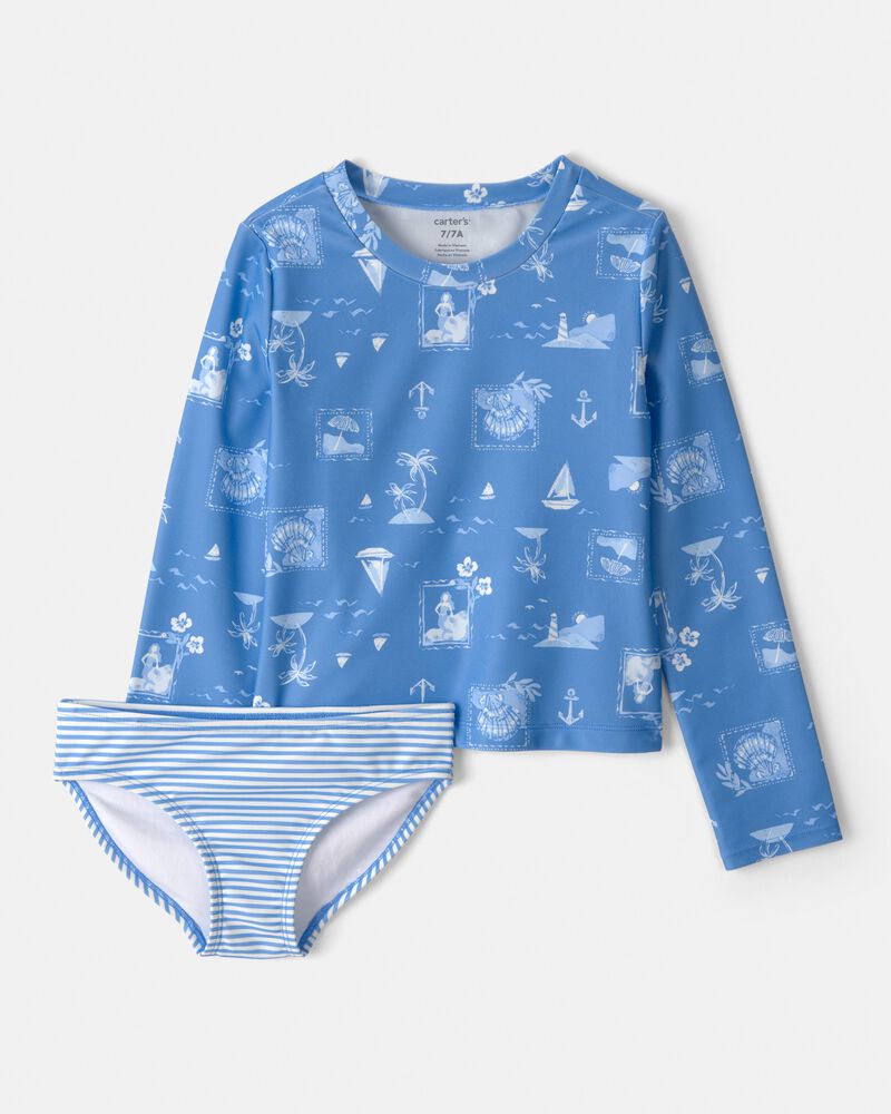Girls 2-Piece Sailboat Long-Sleeve Rashguard Swimsuit Set - Blue, image 1 of 4 slides