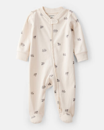 Baby Sheep Print 100% Cotton Long-Sleeve Sleeper - Brown, 