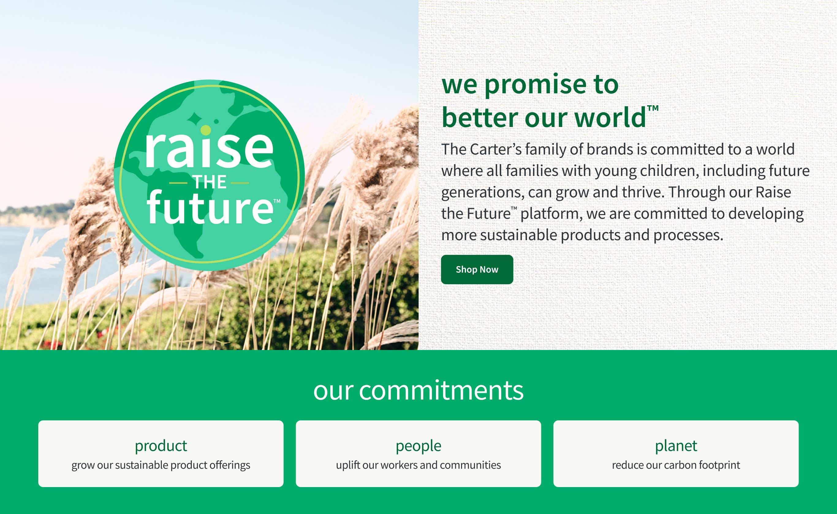 raise the future we promise to better our world™ The Carter’s family of brands is committed to a world where all families with young children, including future generations, can grow and thrive. Through our Raise the Future™ platform, we are committed to developing more sustainable products and processes. | shop now