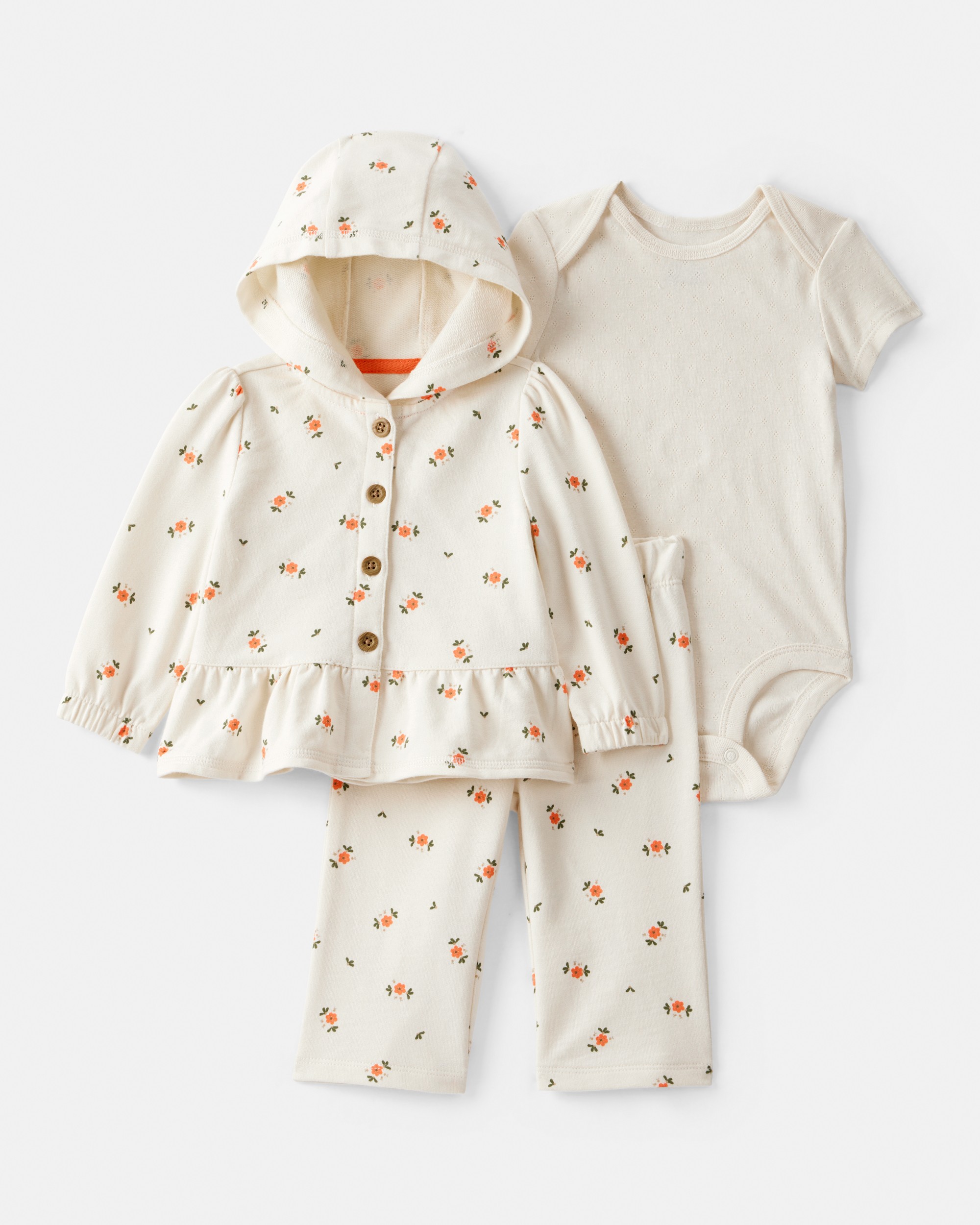 Baby Girl 3-Piece Floral French Terry Long-Sleeve Bodysuit & Pant Set - White