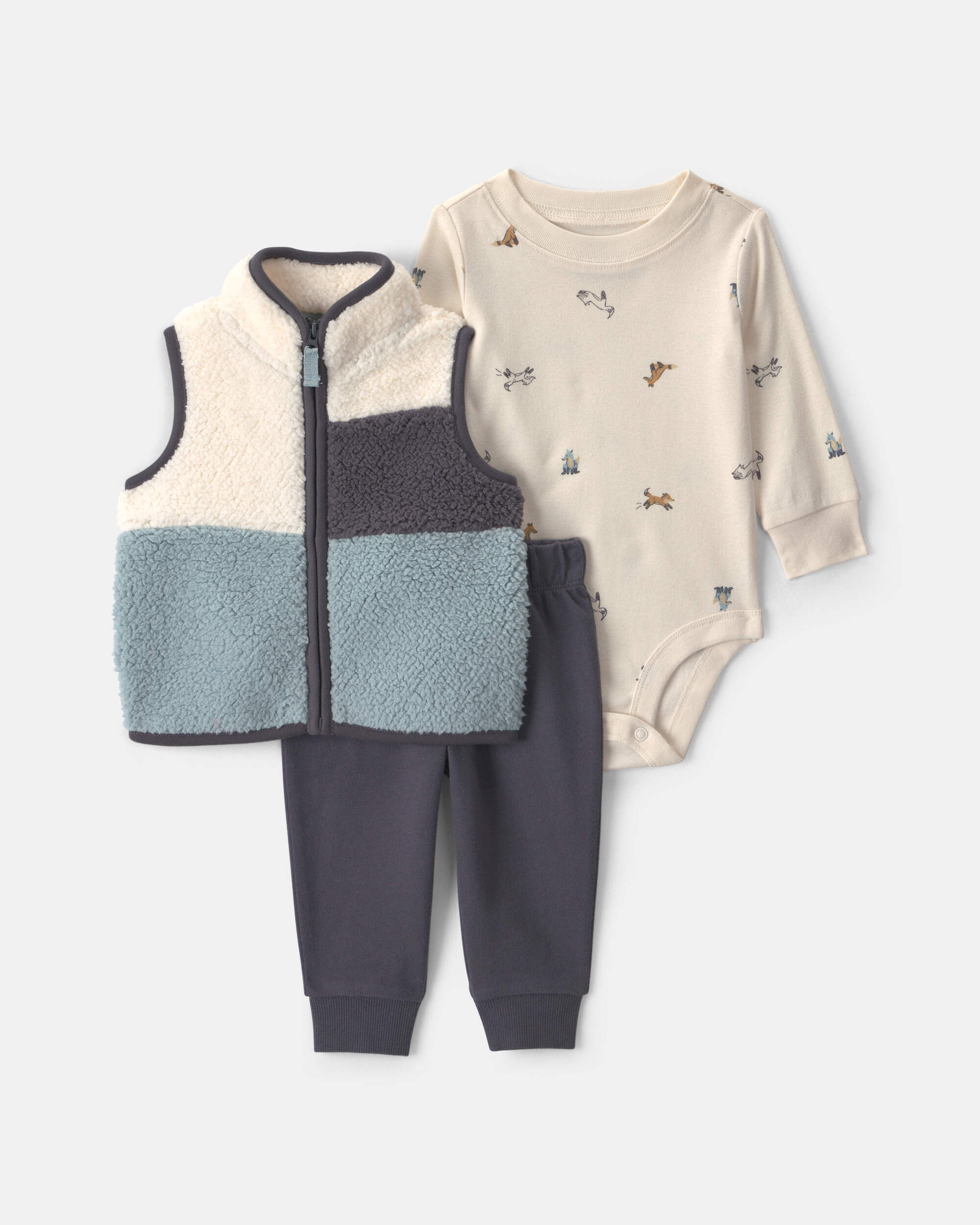Baby Boy 3-Piece Fox Teddy Fleece Layering Set - Blue