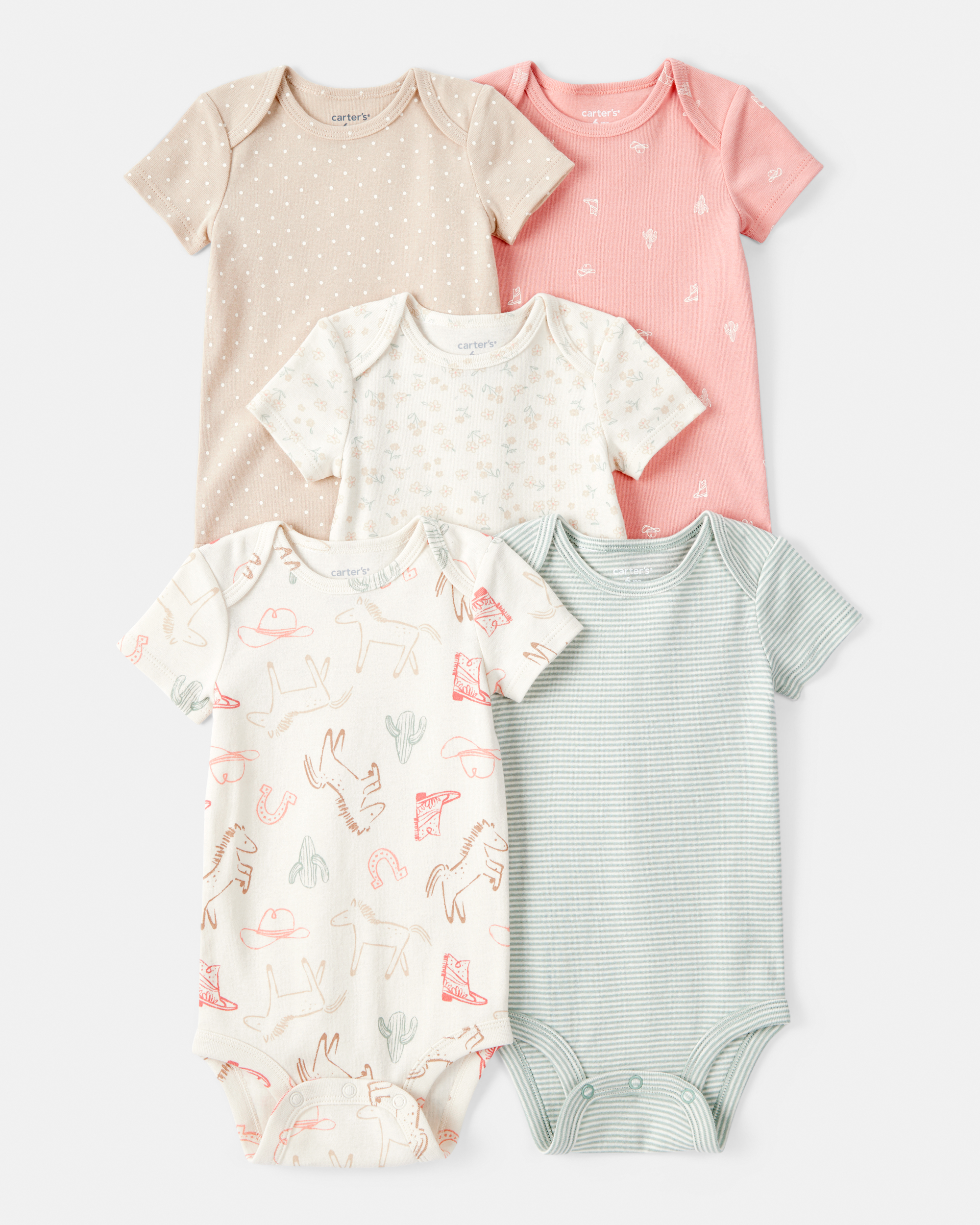 Baby Girl 5-Pack Cowgirl Print Cotton Multipack Bodysuits - White/Blue/Pink