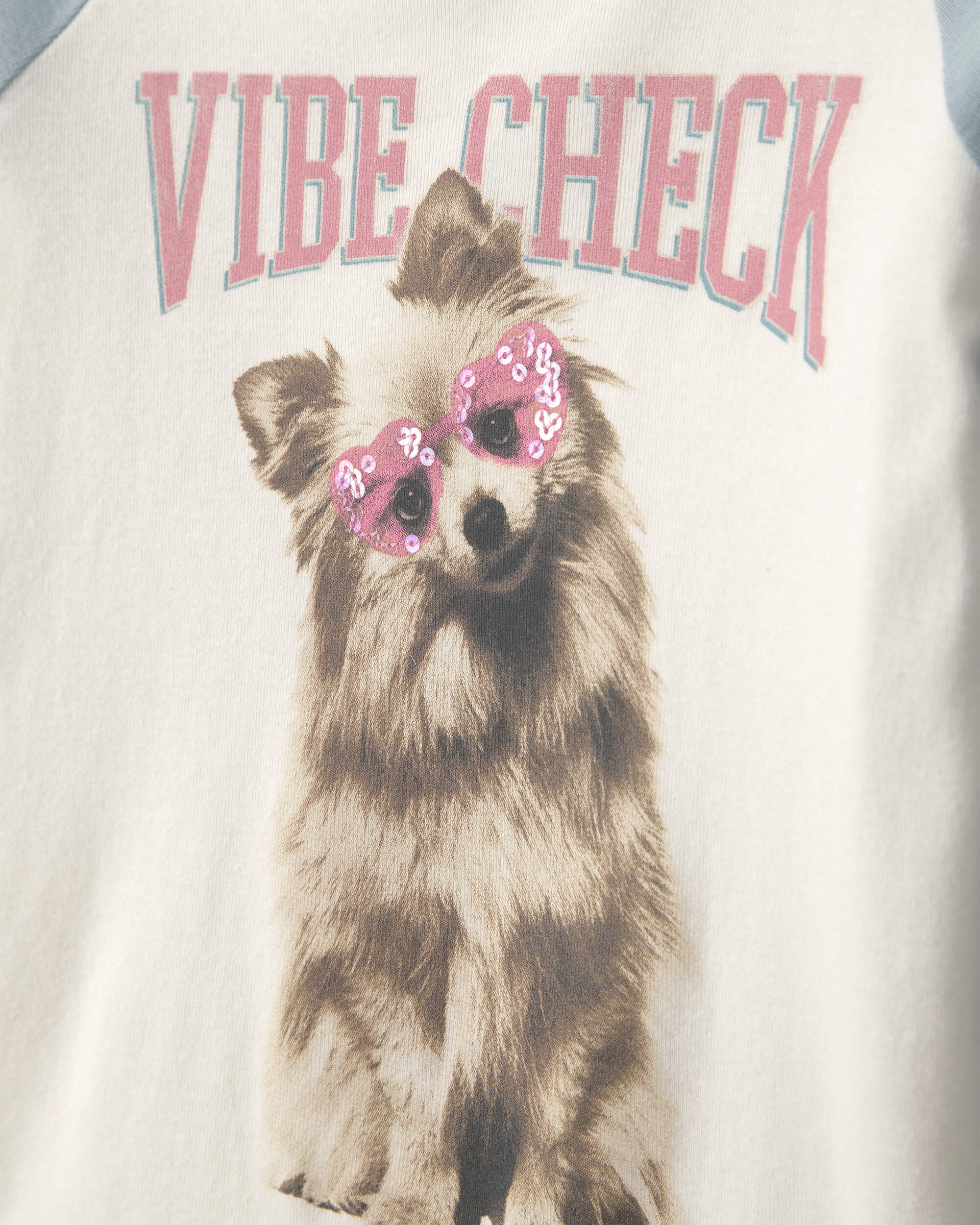 Girls 'Vibe Check' Dog Graphic Tee - Cream/Blue