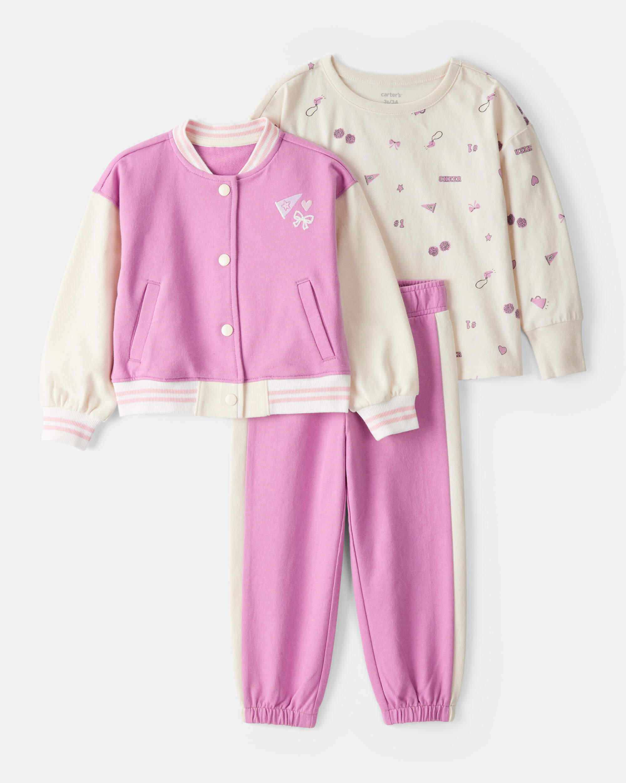 Toddler Girl 3-Piece Cotton Long-Sleeve Layering Set - Purple
