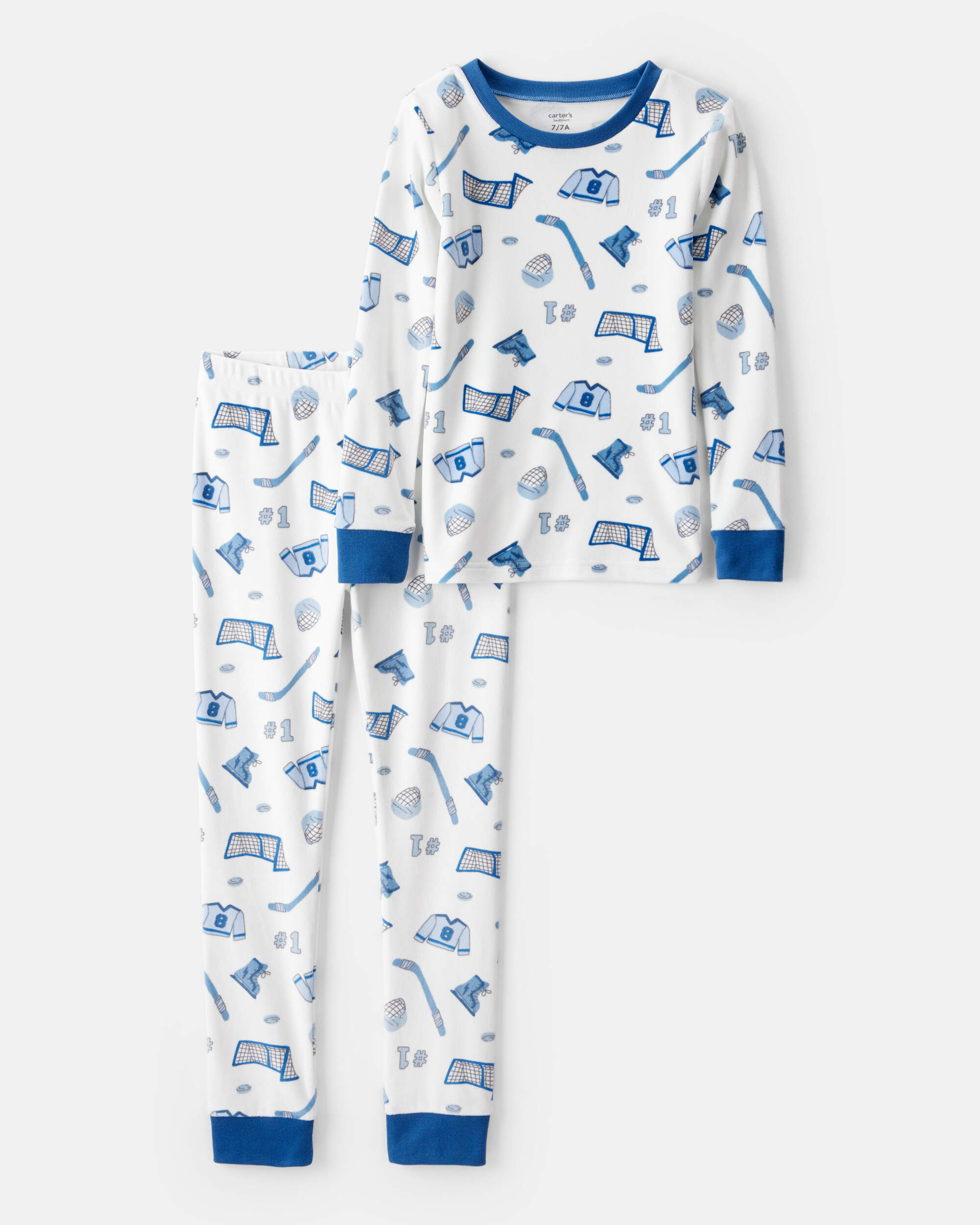 Boys Hockey Print Fleece Long-Sleeve 2-Piece Pyjamas – Blue