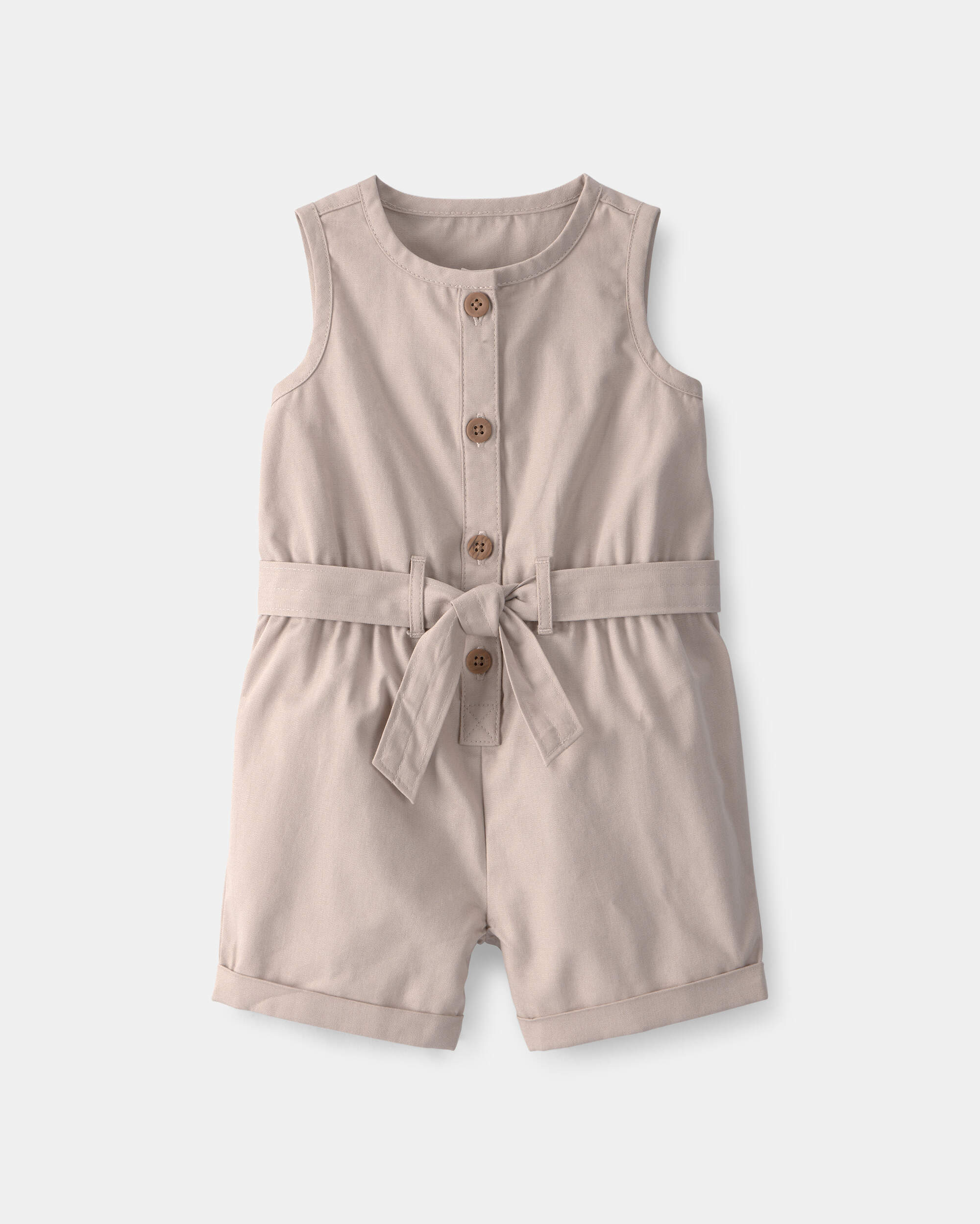 Baby Girl Solid Canvas Sleeveless Romper - Brown