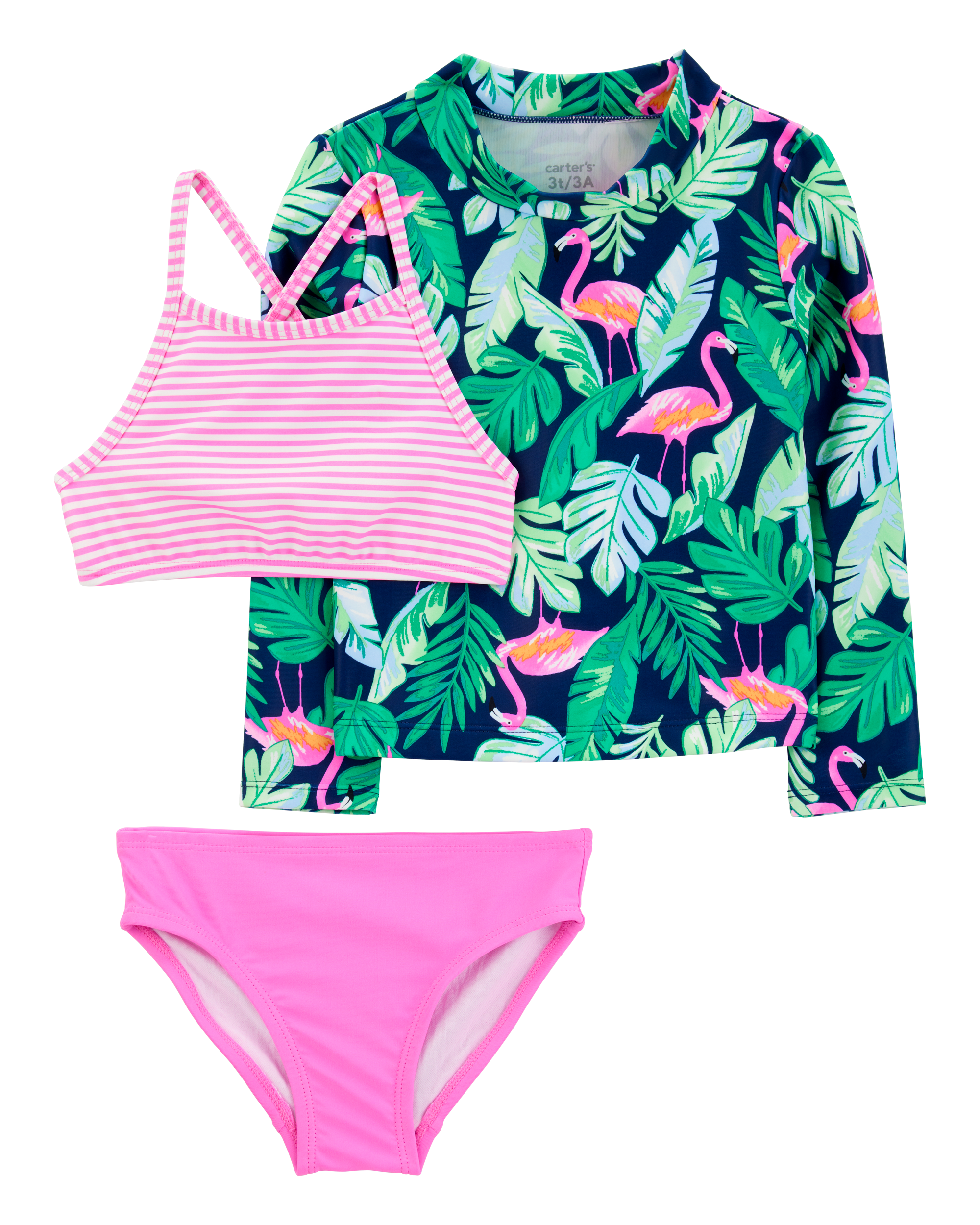 Toddler Girl 3-Piece Tropical Flamingo Print Rashguard Swim Set