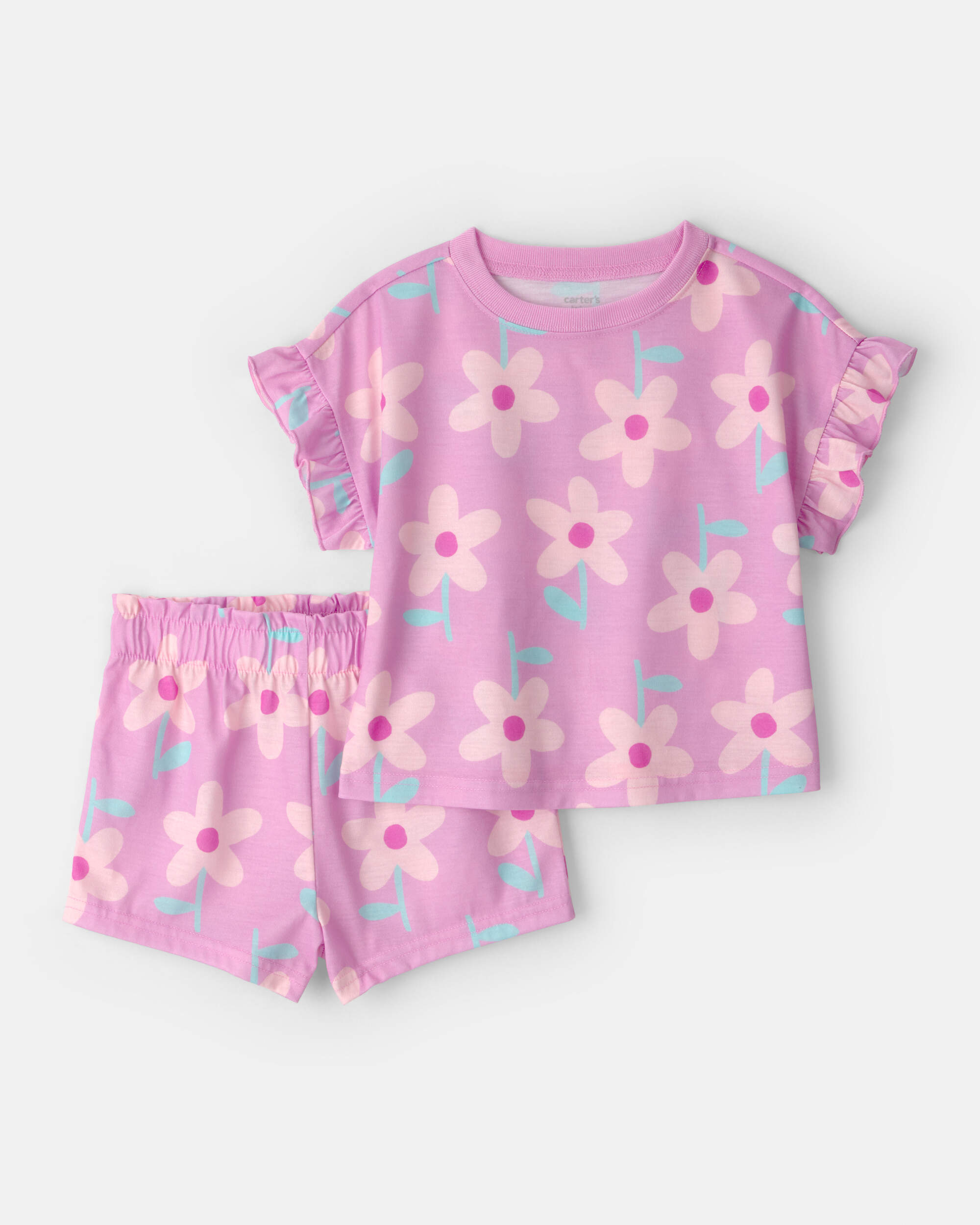 Toddler Girl Floral Short-Sleeve Loose Fit 2-Piece pyjama Set - Pink