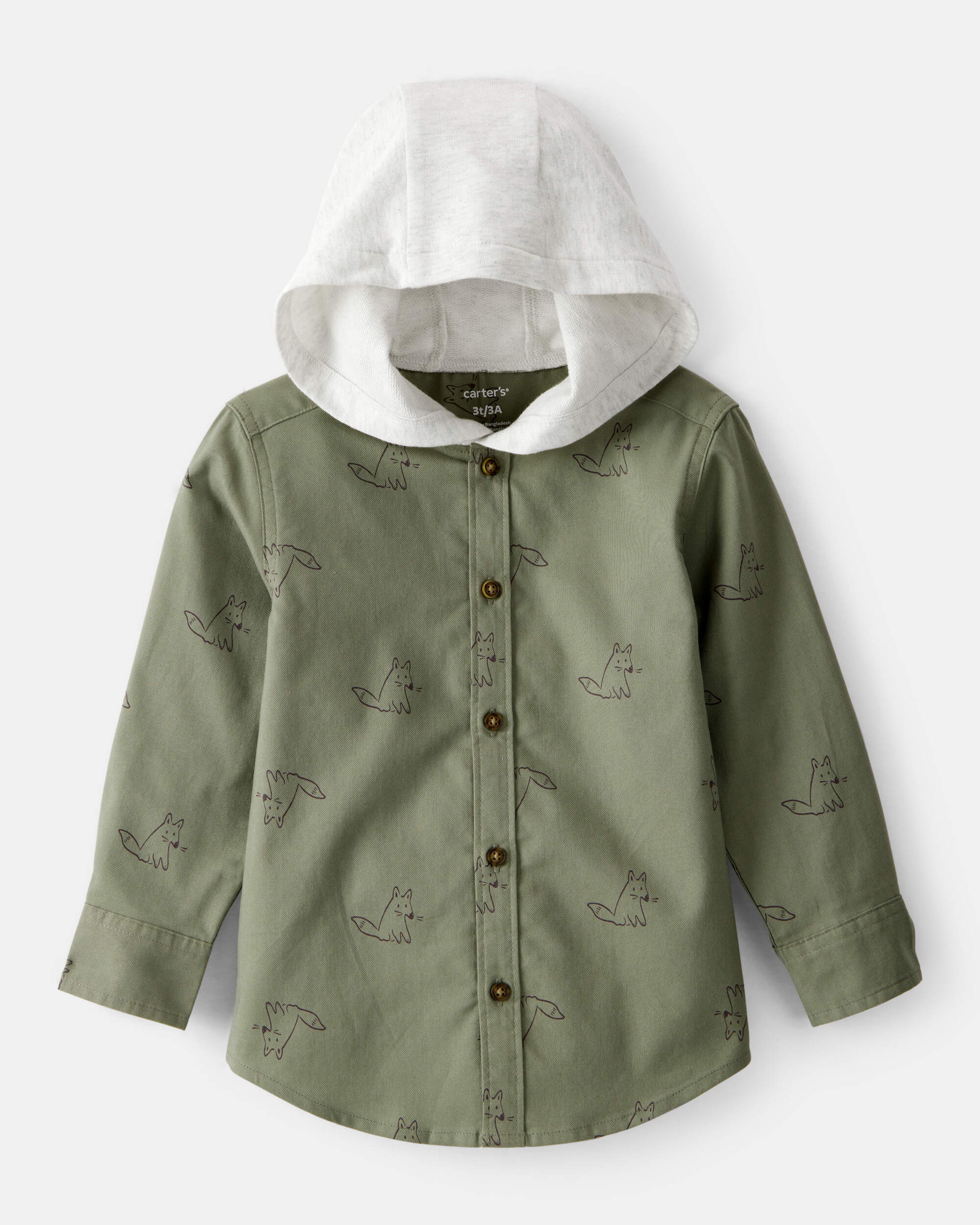 Toddler Boy Racoon Print Cotton Long-Sleeve Hooded Button-Down Shirt - Green