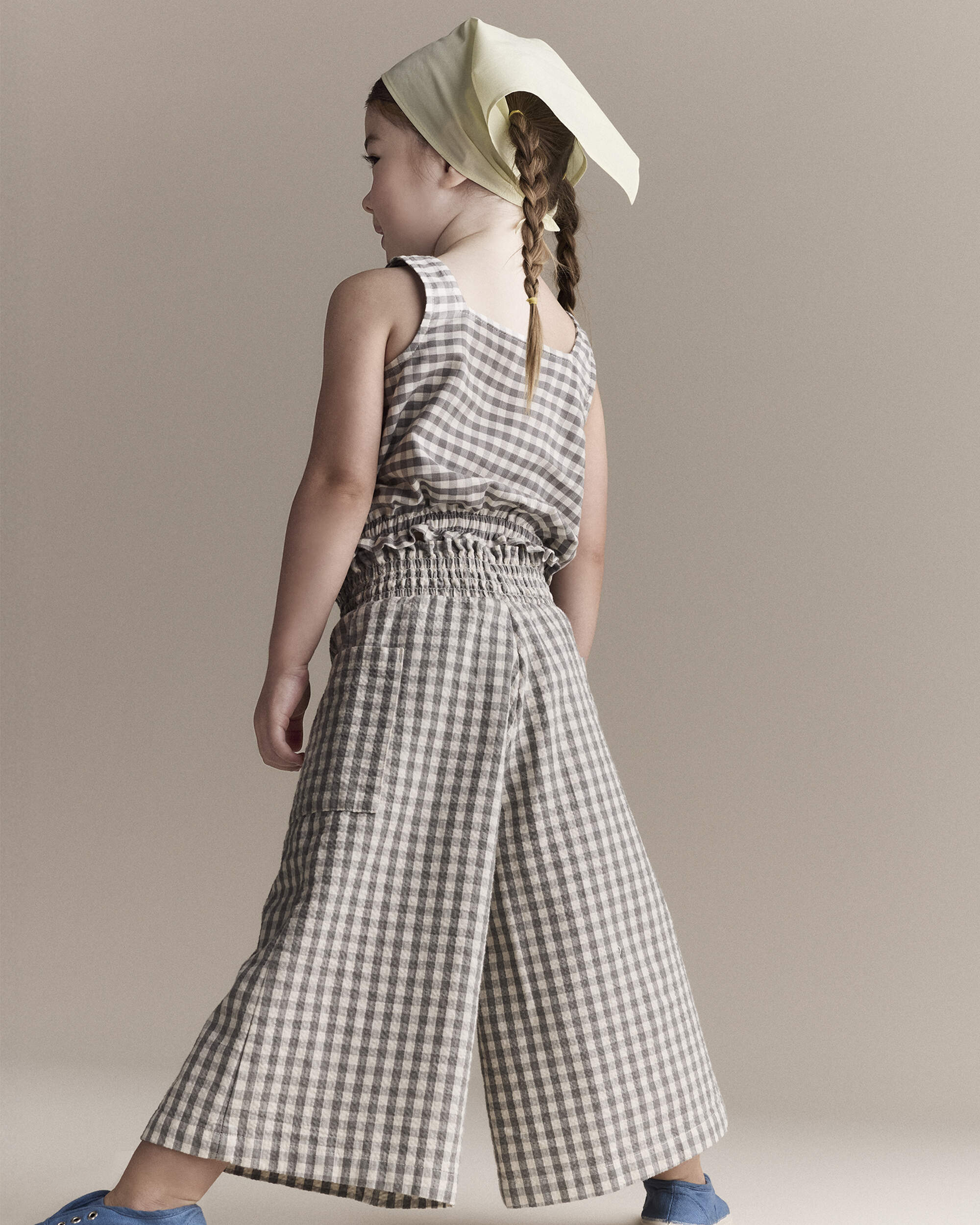 Toddler Girl Gingham Peplum Top with Bows - Cream/Grey