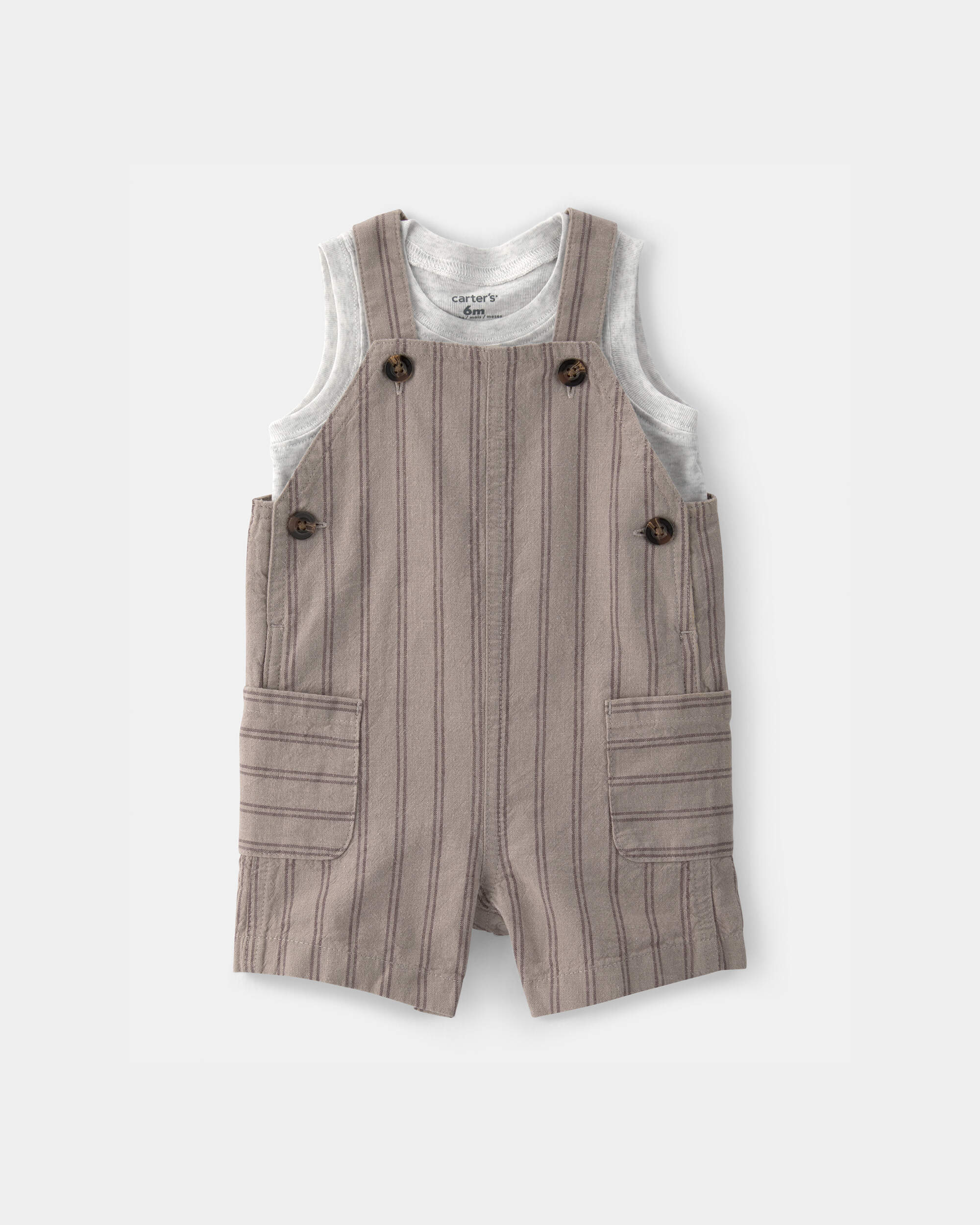 Baby Boy 2-Piece Striped Sleeveless Overall Set - Brown