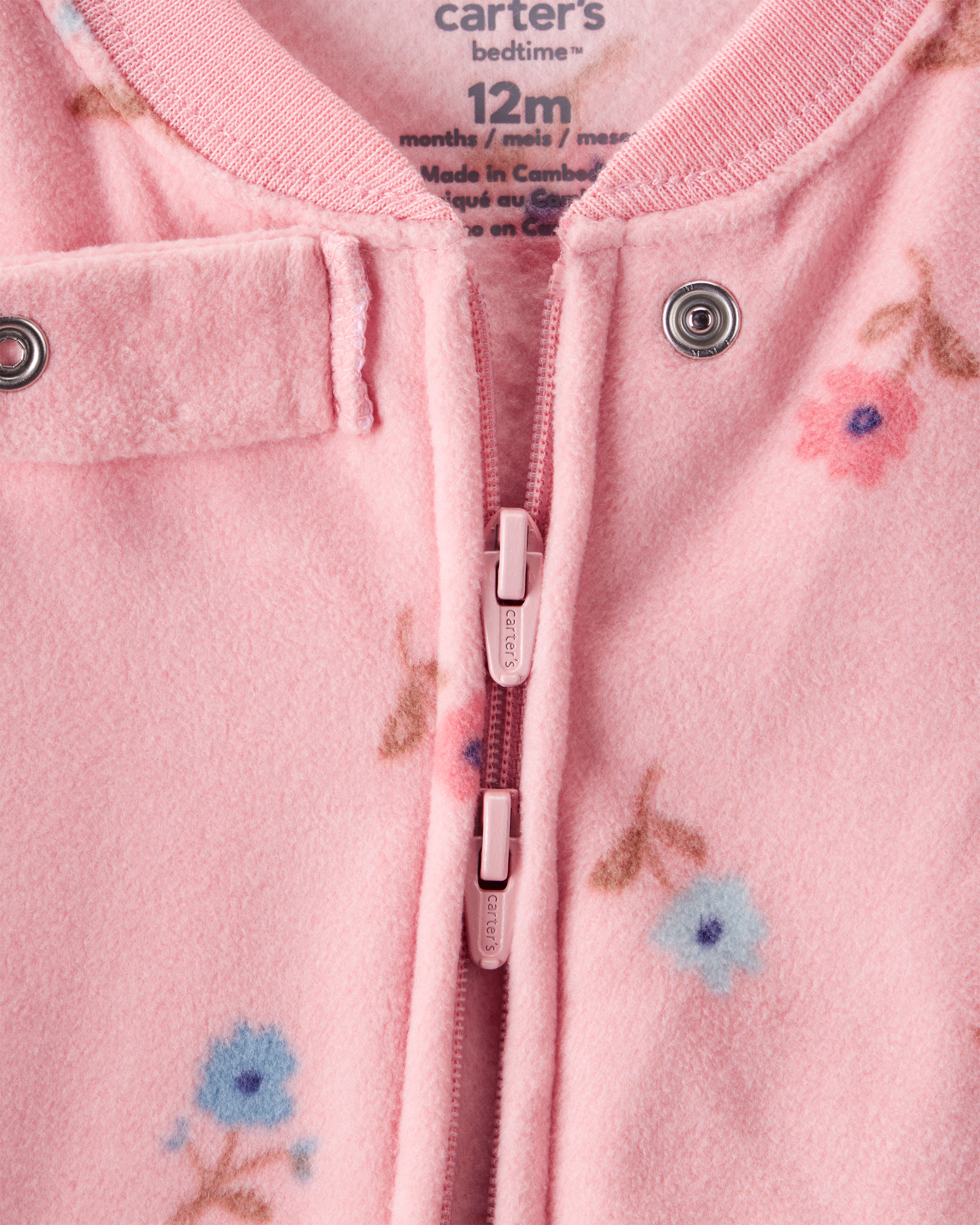 Baby Girl Butterfly & Floral Print Loose Fit Long-Sleeve 2-Way Zip 1-Piece Pyjamas - Pink