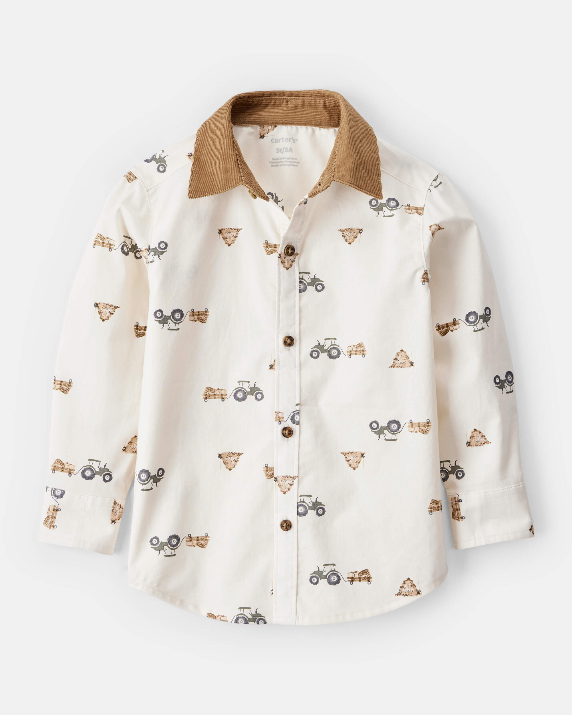 Toddler Boy Tractor Print Cotton Long-Sleeve Button Down Shirt - White
