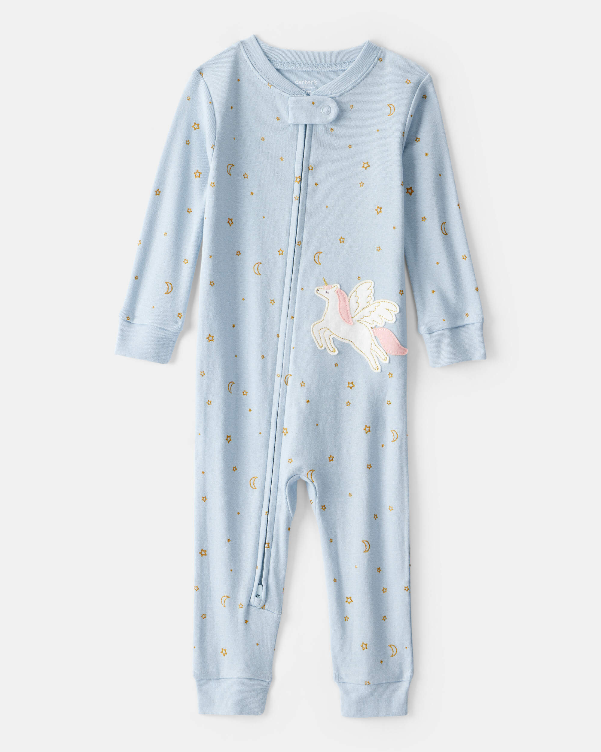 Baby Girl Unicorn Star Print 100% Cotton Long-Sleeve 2-Way Zip 1-Piece Pyjamas - Blue