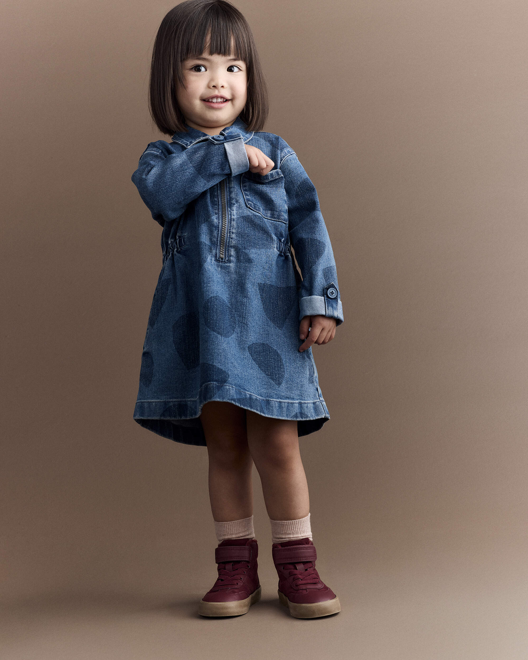 Toddler Girl Zip-Up Denim Shirt Dress with Shapes - Blue