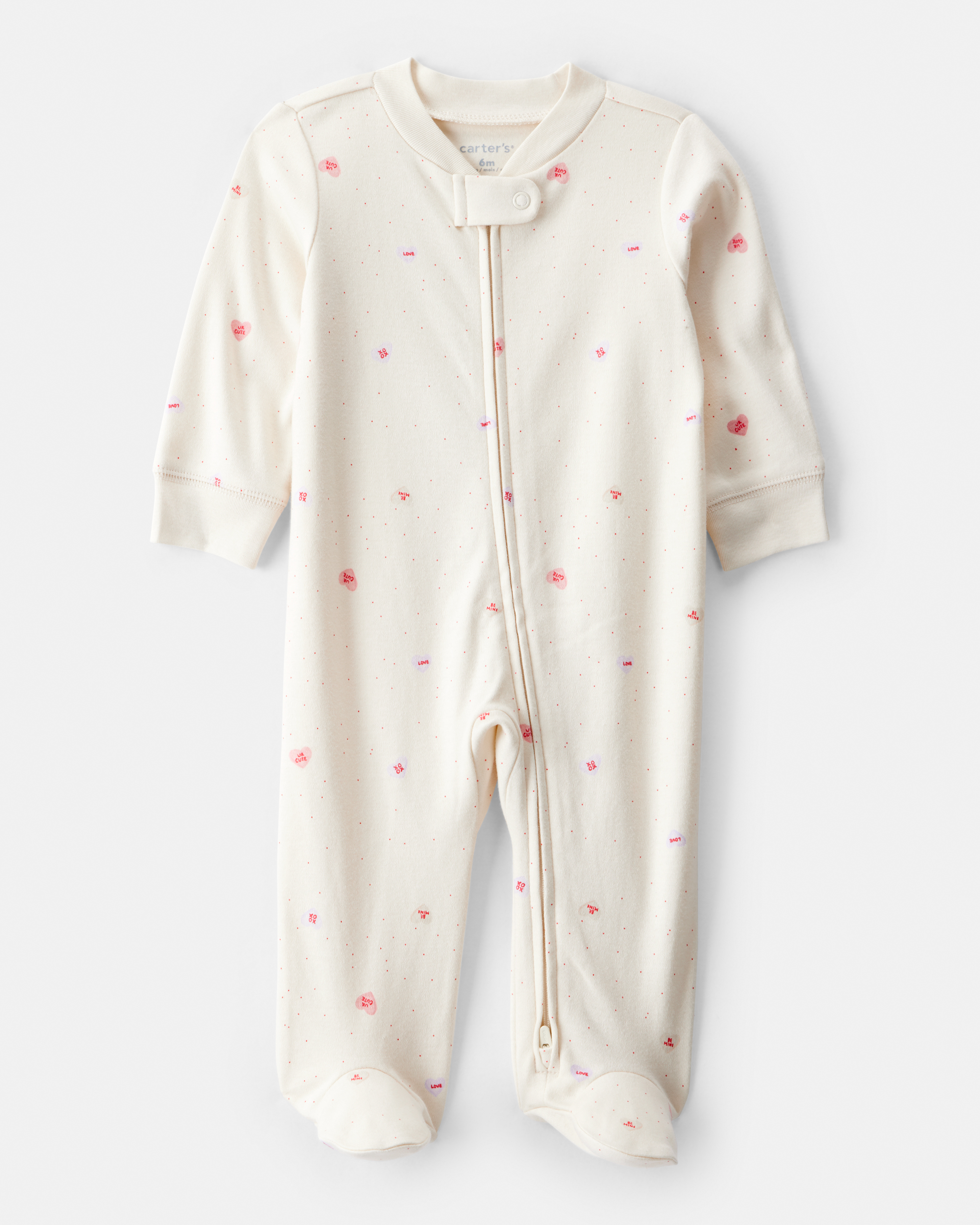 Baby Girl Valentine's Day Candy Heart 100% Cotton Snug Fit 2-Way Zip Sleeper - White