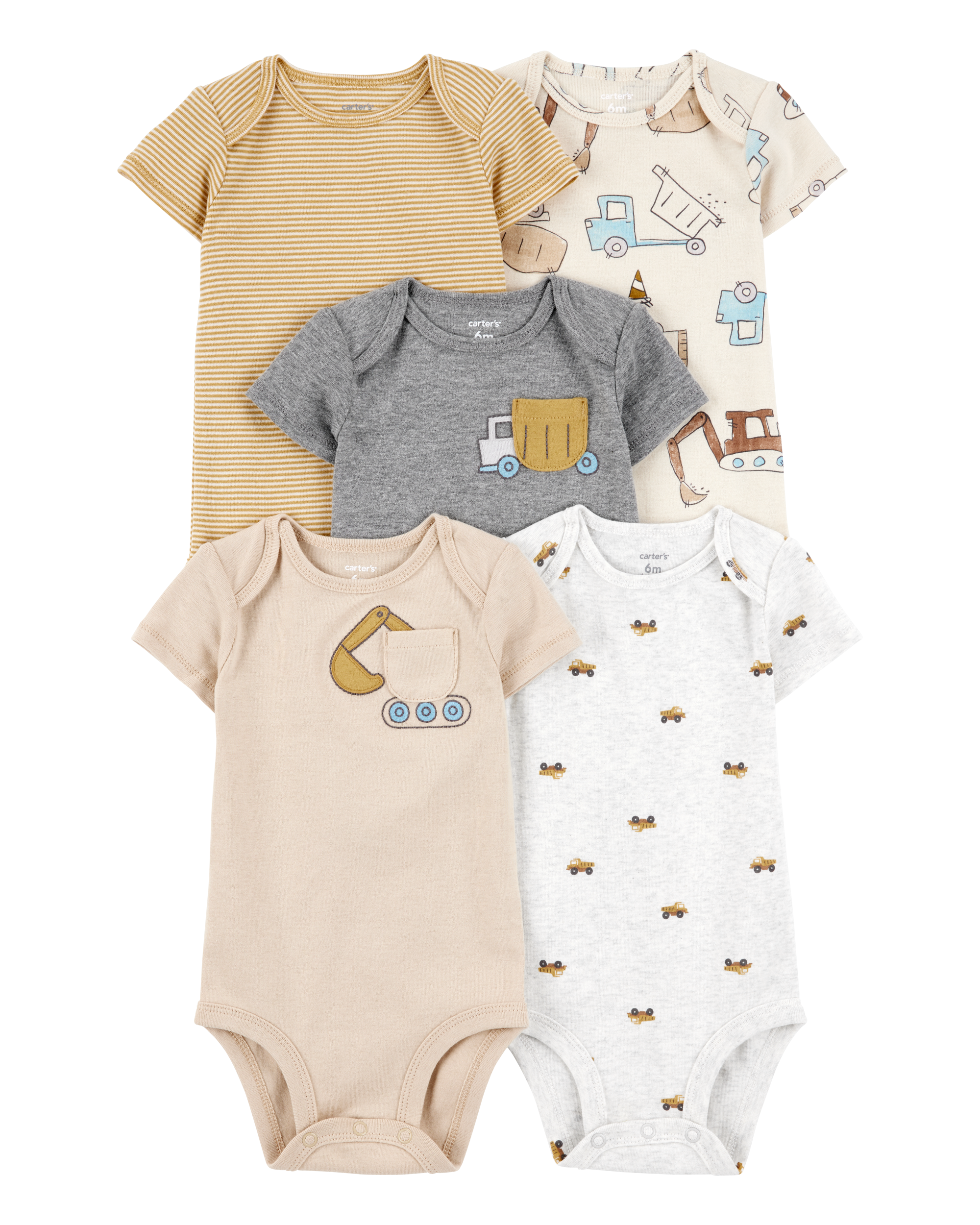 5-Pack Construction Short-Sleeve Cotton Bodysuits