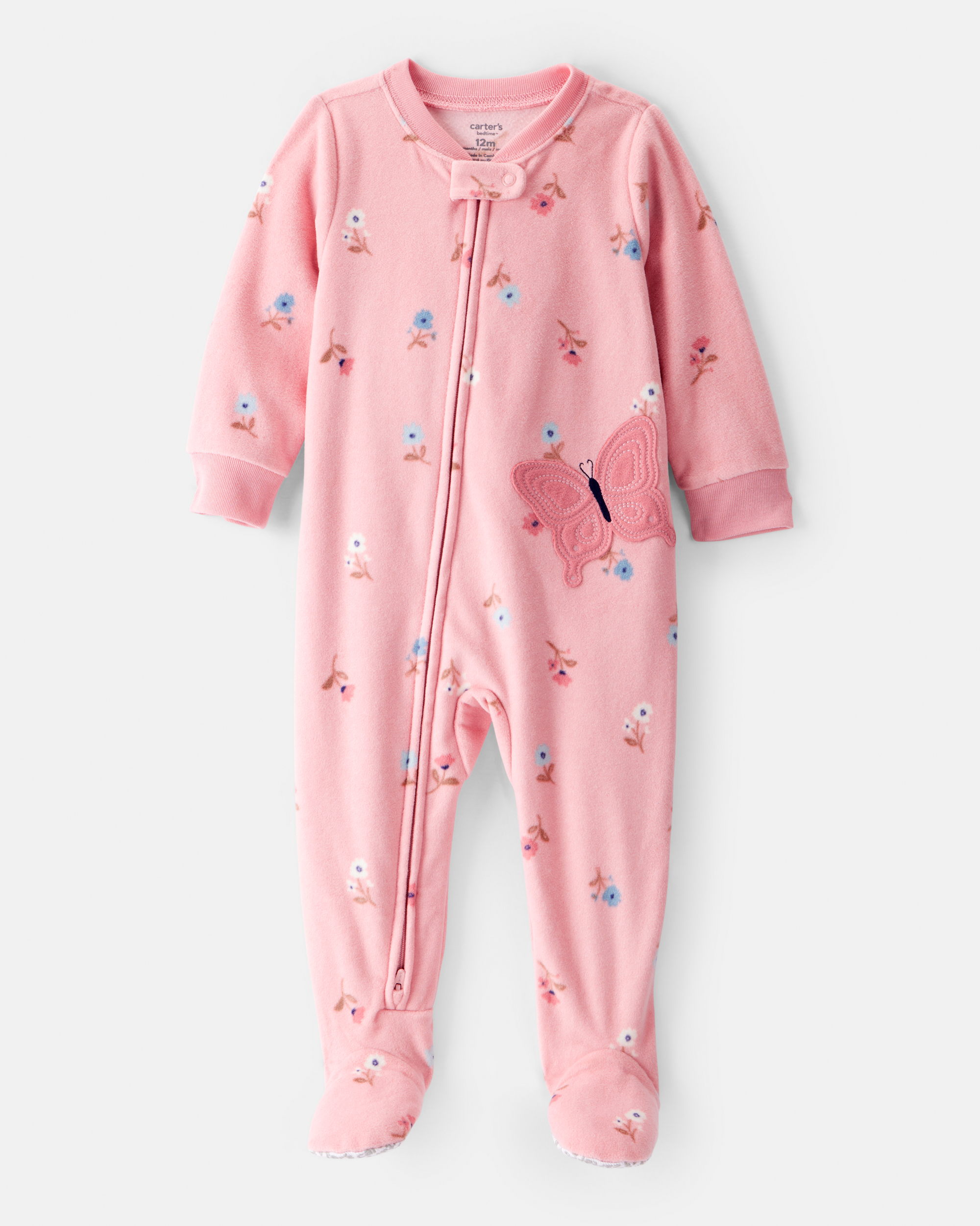 Baby Girl Butterfly & Floral Print Loose Fit Long-Sleeve 2-Way Zip 1-Piece Pyjamas - Pink