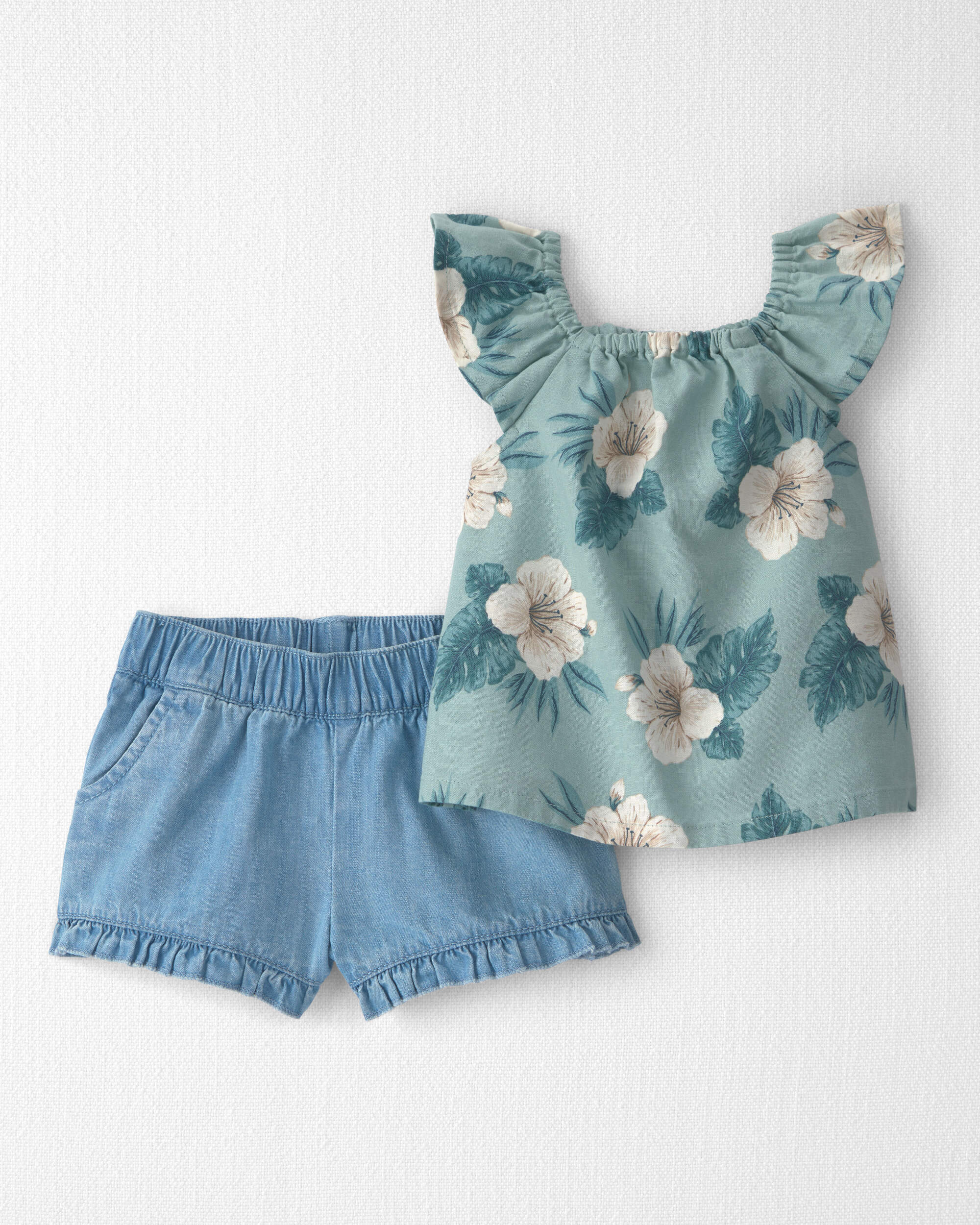 Baby Girl 2-Piece Chambray Top & Short Set Made with Organic Cotton Blue Hibiscus