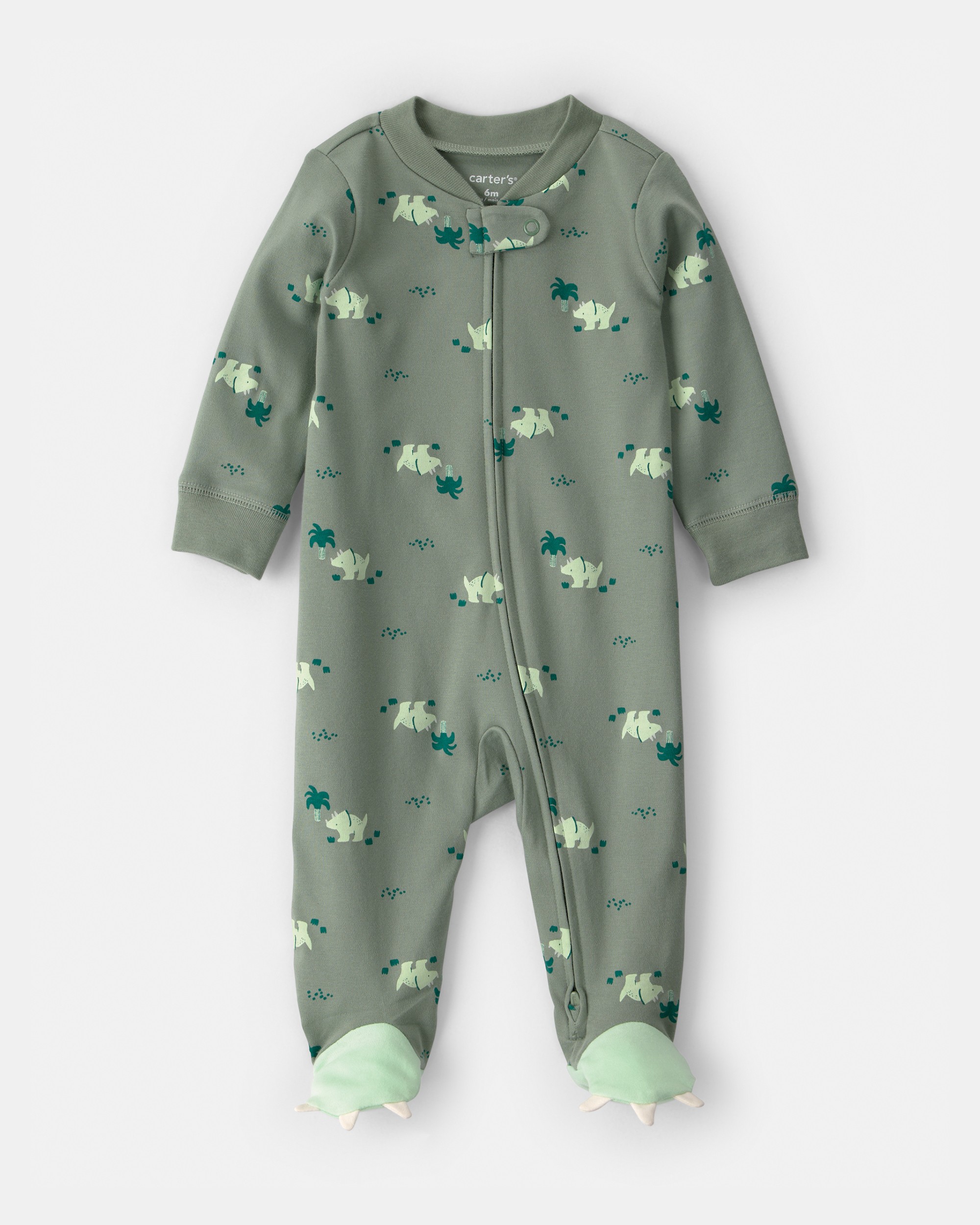 Baby Boy Dinosaur 2-Way Zip 100% Cotton Sleeper - Green