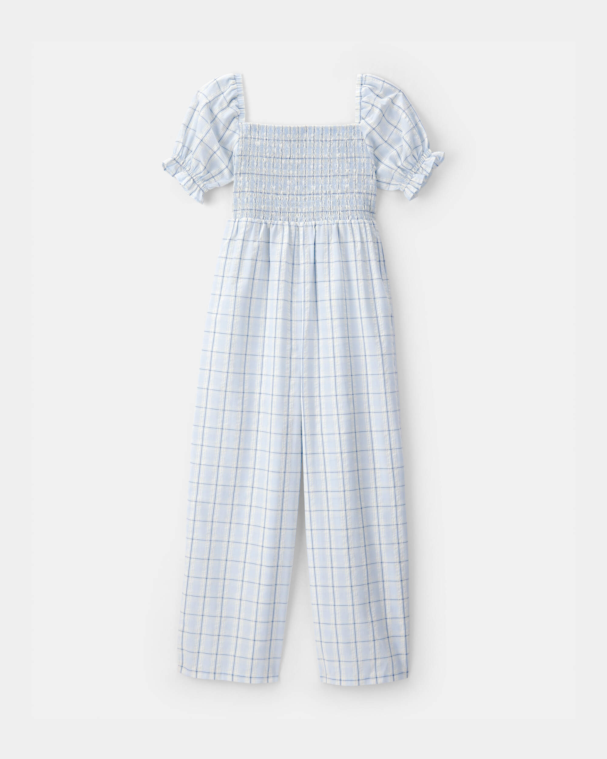 Girls Plaid Smocked Jumpsuit - Blue