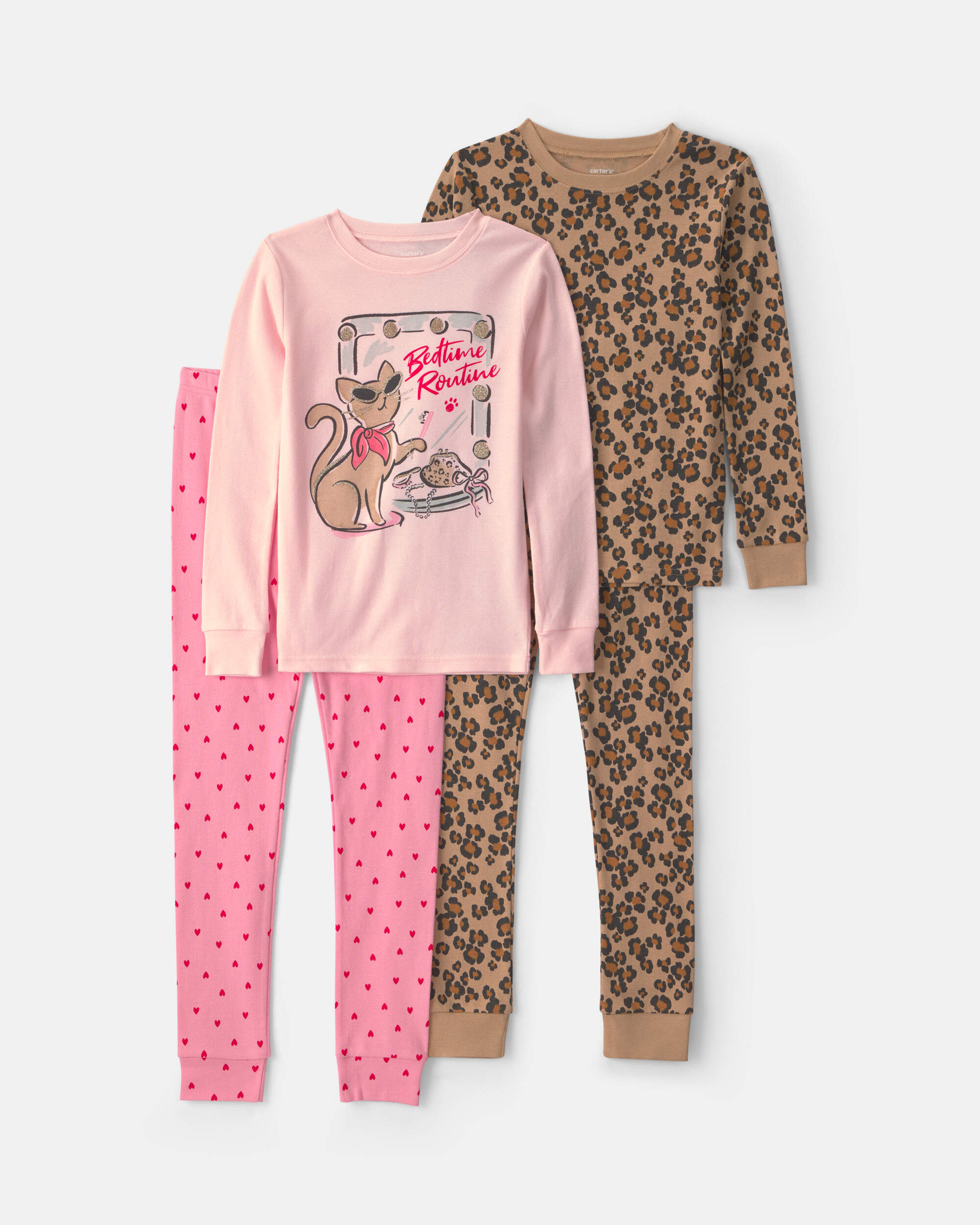 Girls 4-Piece 'Sassy Cat' Leopard 100% Cotton Snug Fit Pyjama Set - Pink/Brown