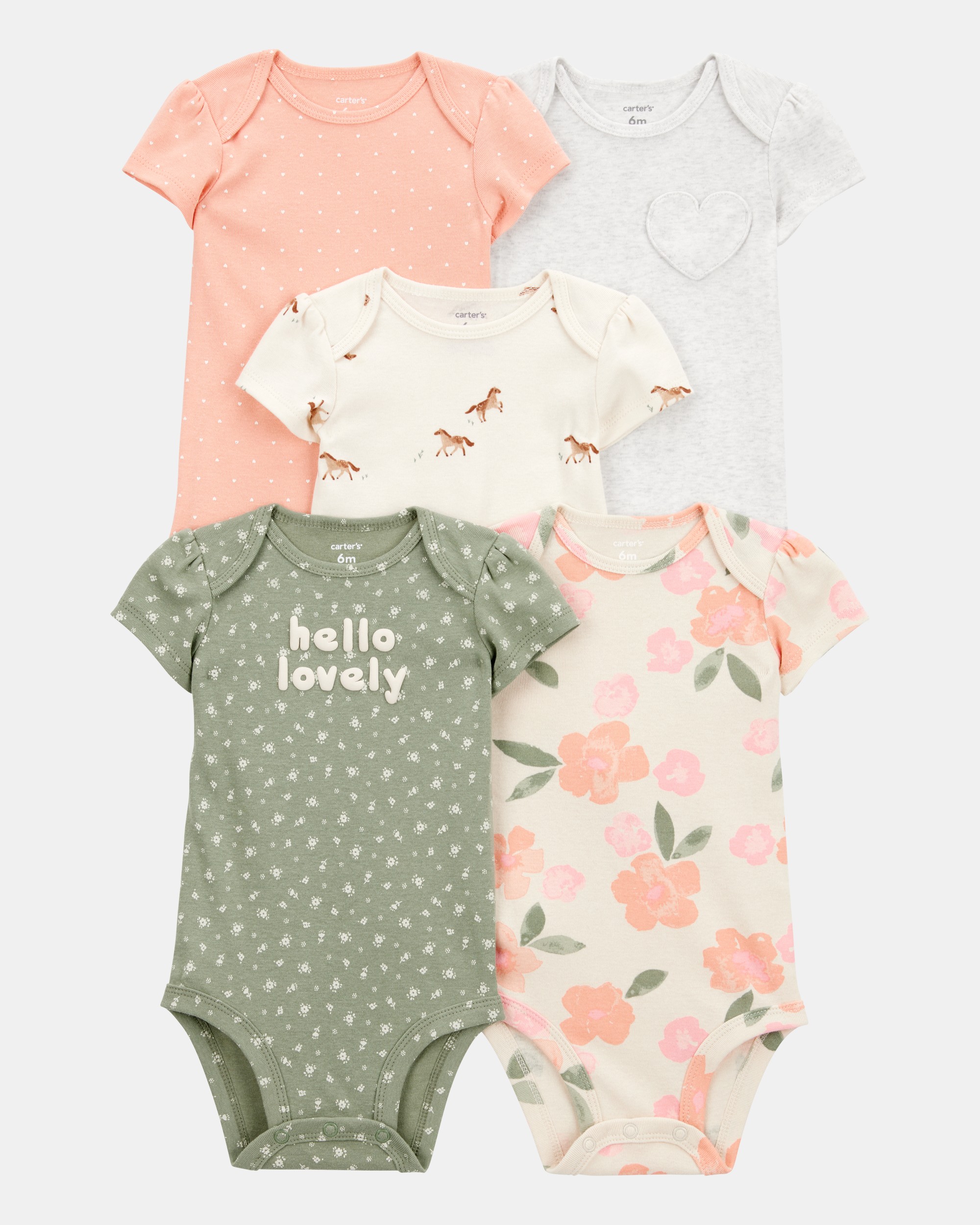 Baby Girl 5-Pack Floral Horses Short-Sleeve Cotton Bodysuits