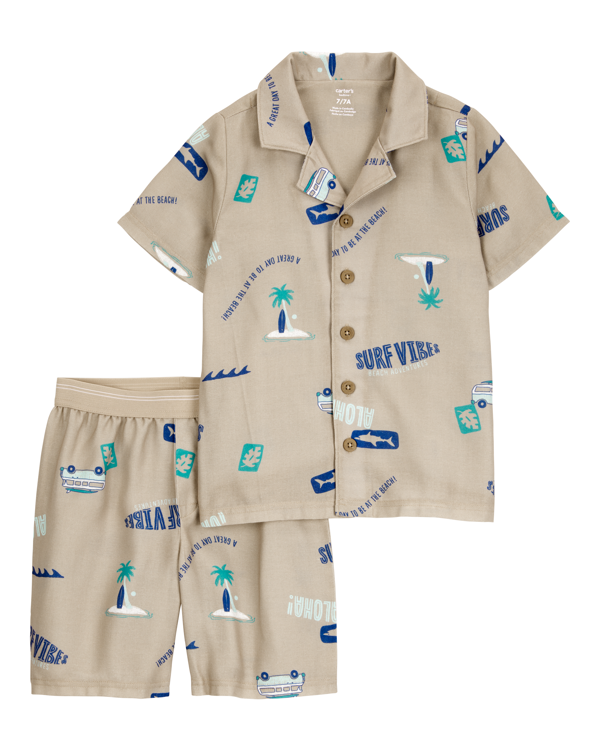 Boys Tropical Print Loose Fit 2-Piece Pyjamas - Khaki