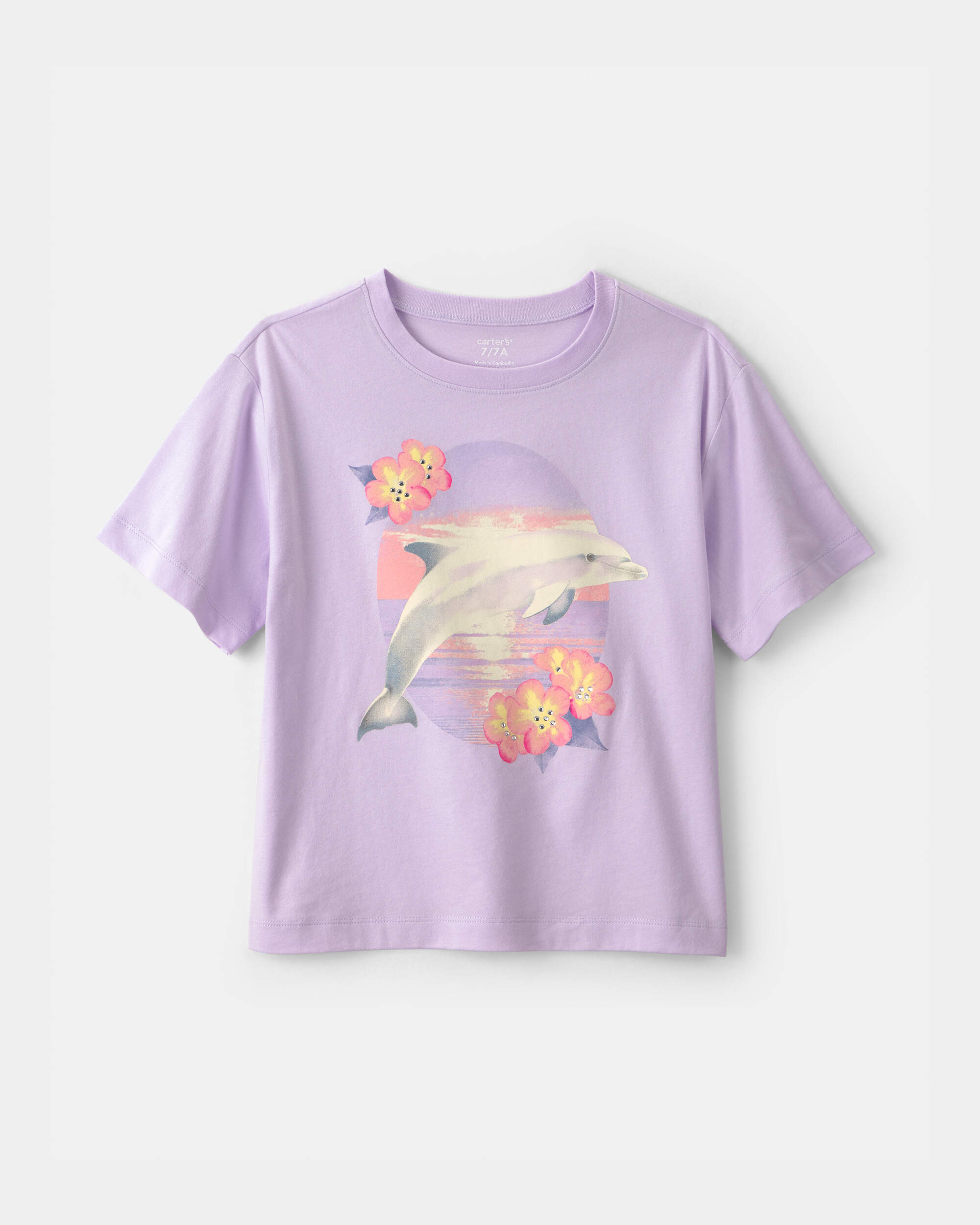 Girls Floral Dolphin Graphic Tee - Purple