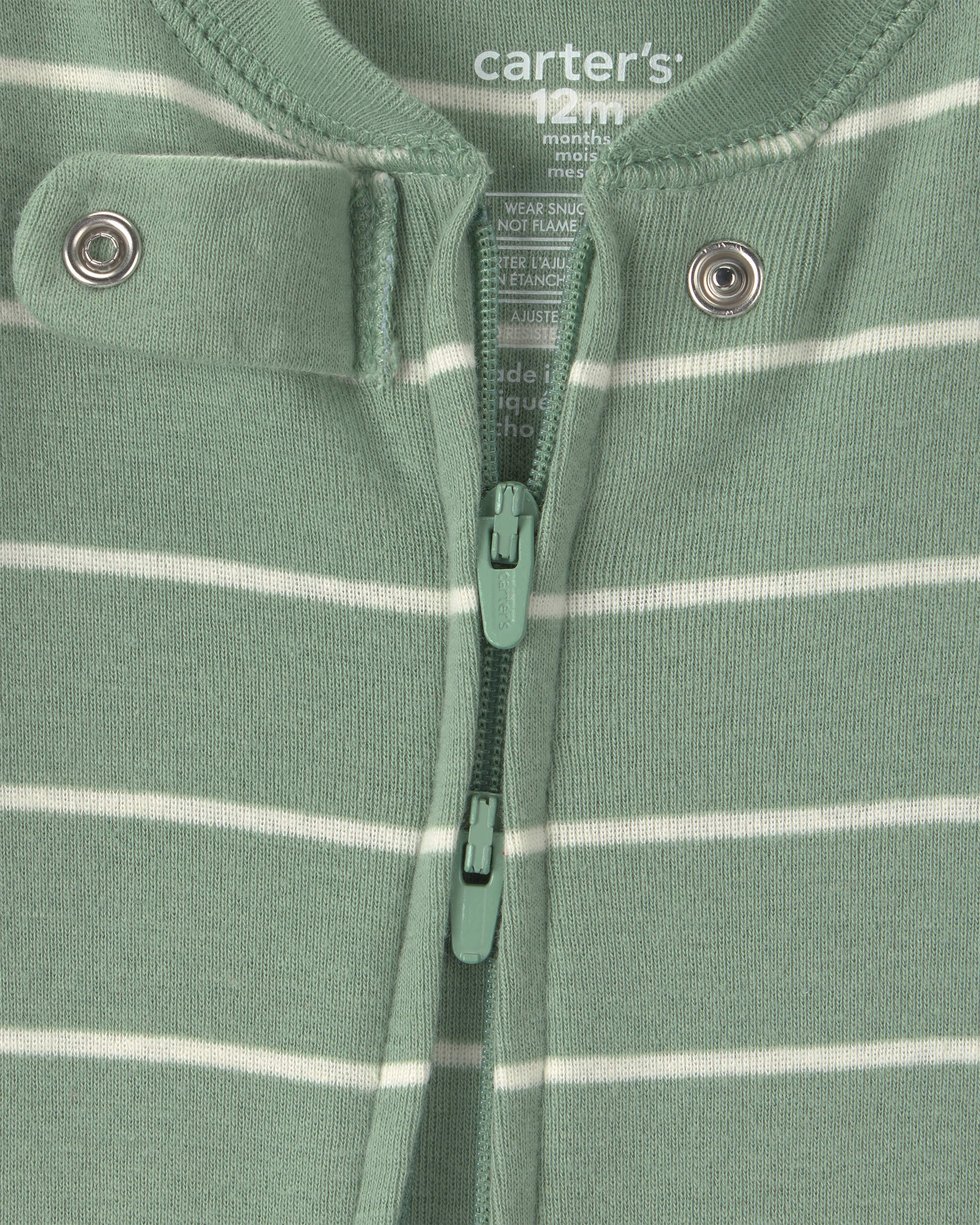 Baby Boy 1-Piece Dino Striped 2-Way Zip 100% Cotton Snug Fit Footed Pyjama - Green