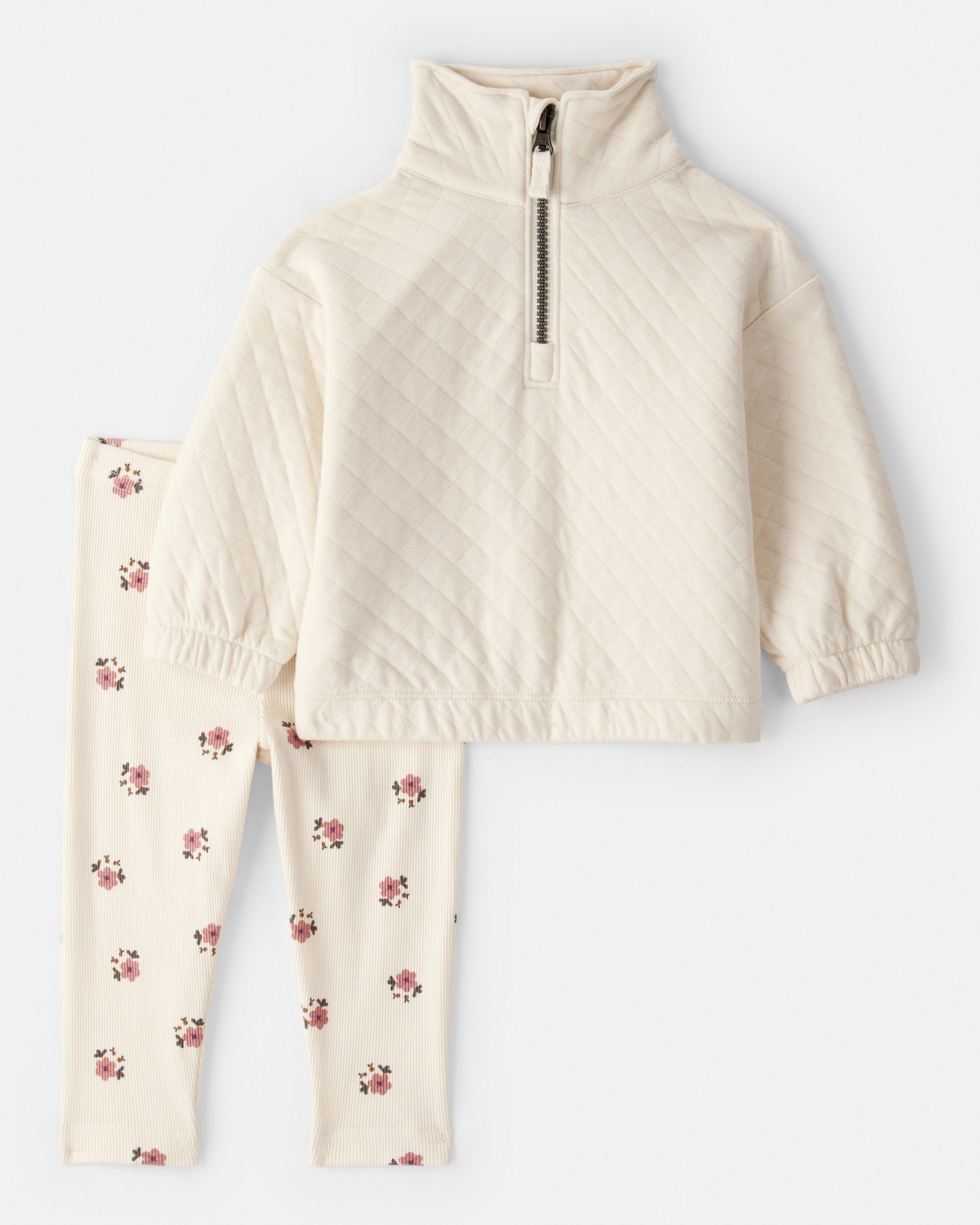 Baby Girl Quilted Quarter-Zip & Floral Legging Set - Cream